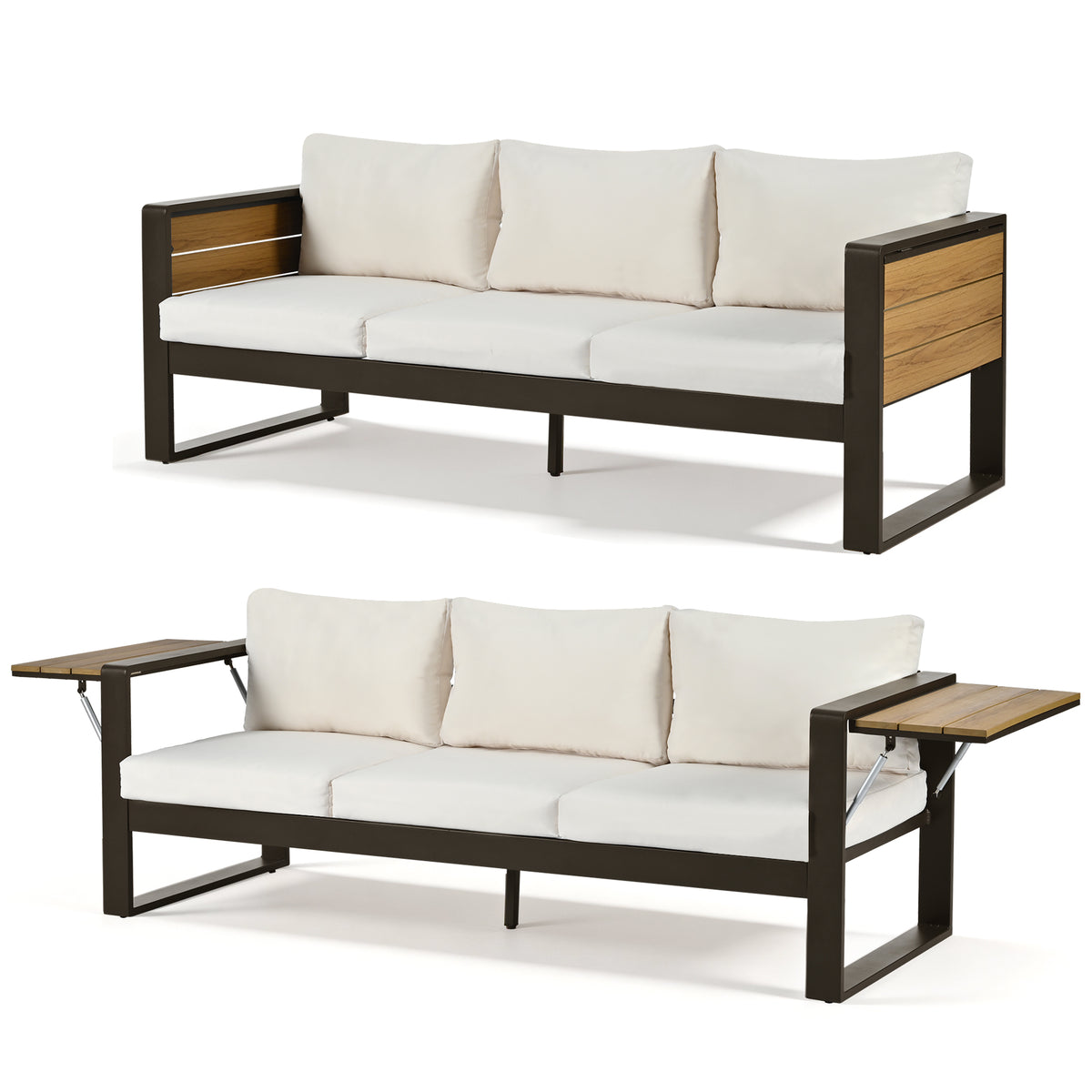 variant-group:rf-n704g201257a|Roomfitters 4-Piece Aluminum Patio Conversation Set with Four Fold-Out Side Trays and Slatted Coffee Table Beige