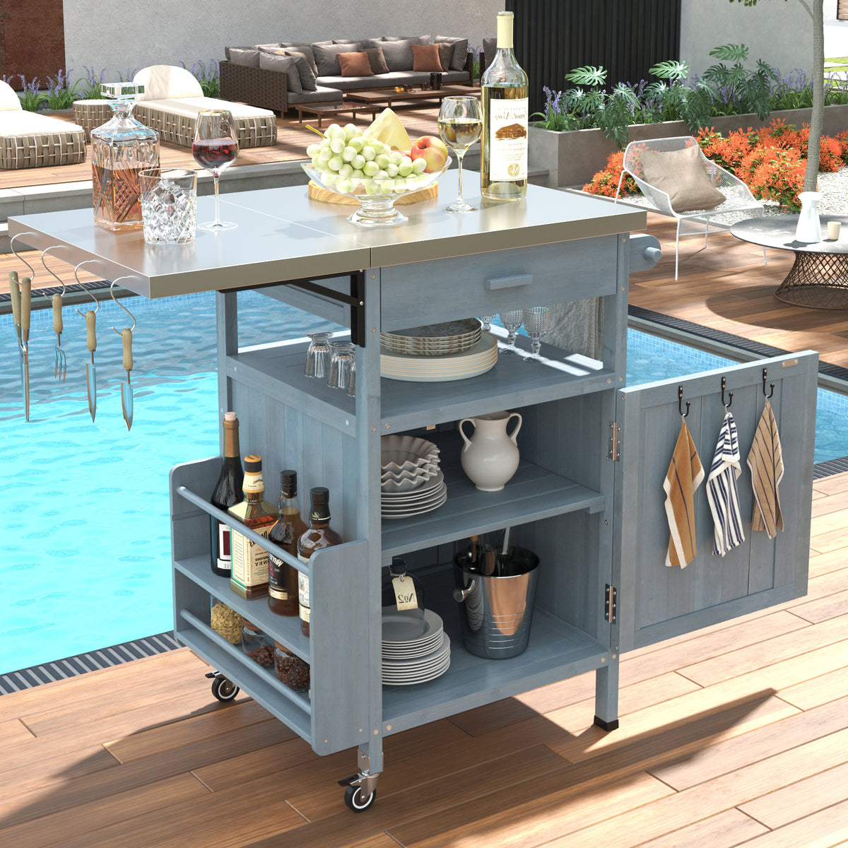 variant-group:rf-n707p228272g|Roomfitters 40.5" Outdoor Grill Cart with Stainless Steel Top, Wood Storage Cabinet, Drop Leaf, Rolling Cart, Blue Grey