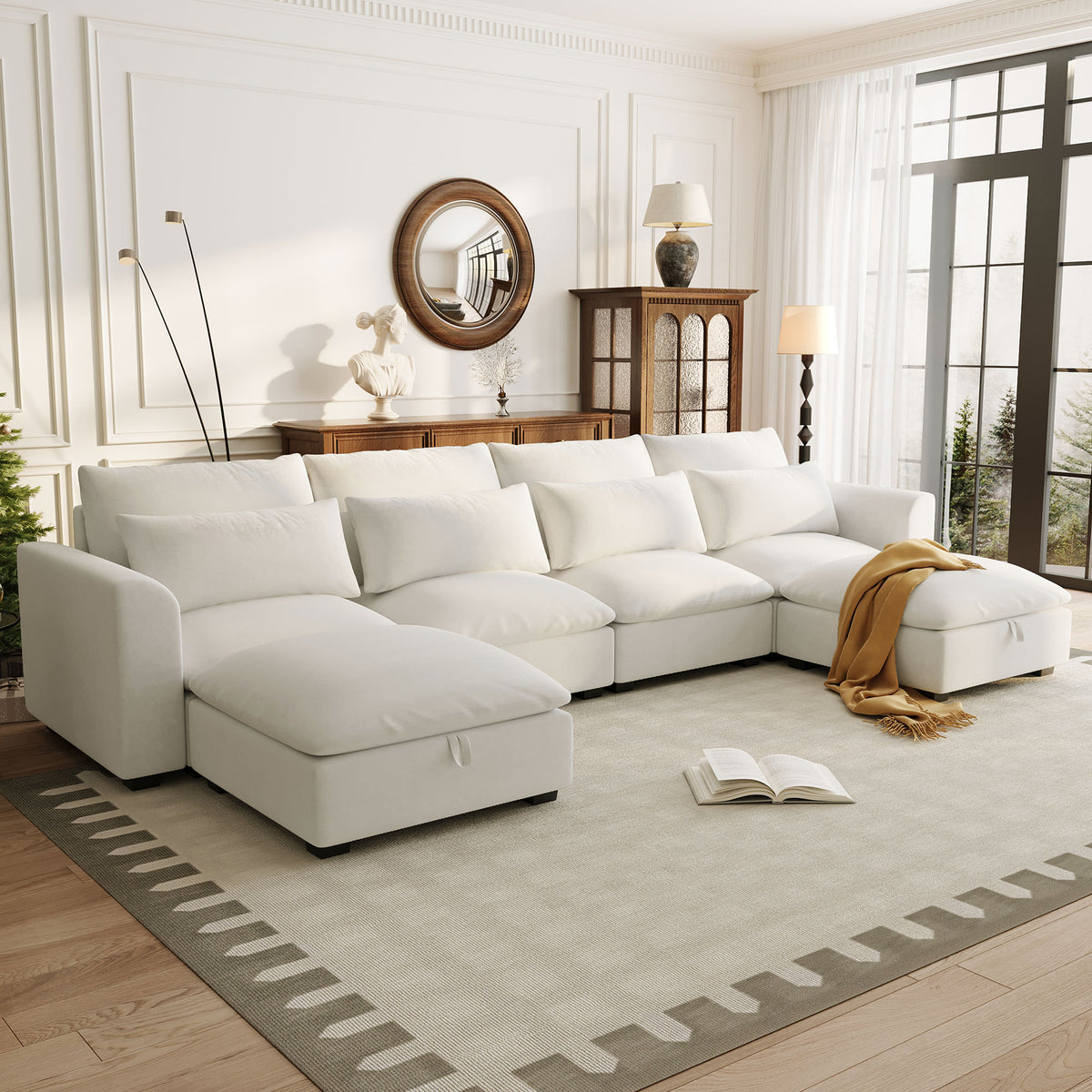 variant-group:rf-n711wy000491aaa|Roomfitters 131.3-Inch Modern U-Shaped Sectional Sofa, 6-Seater Linen Blend Couch, 2 Storage Ottomans, Pit Lounge, Beige