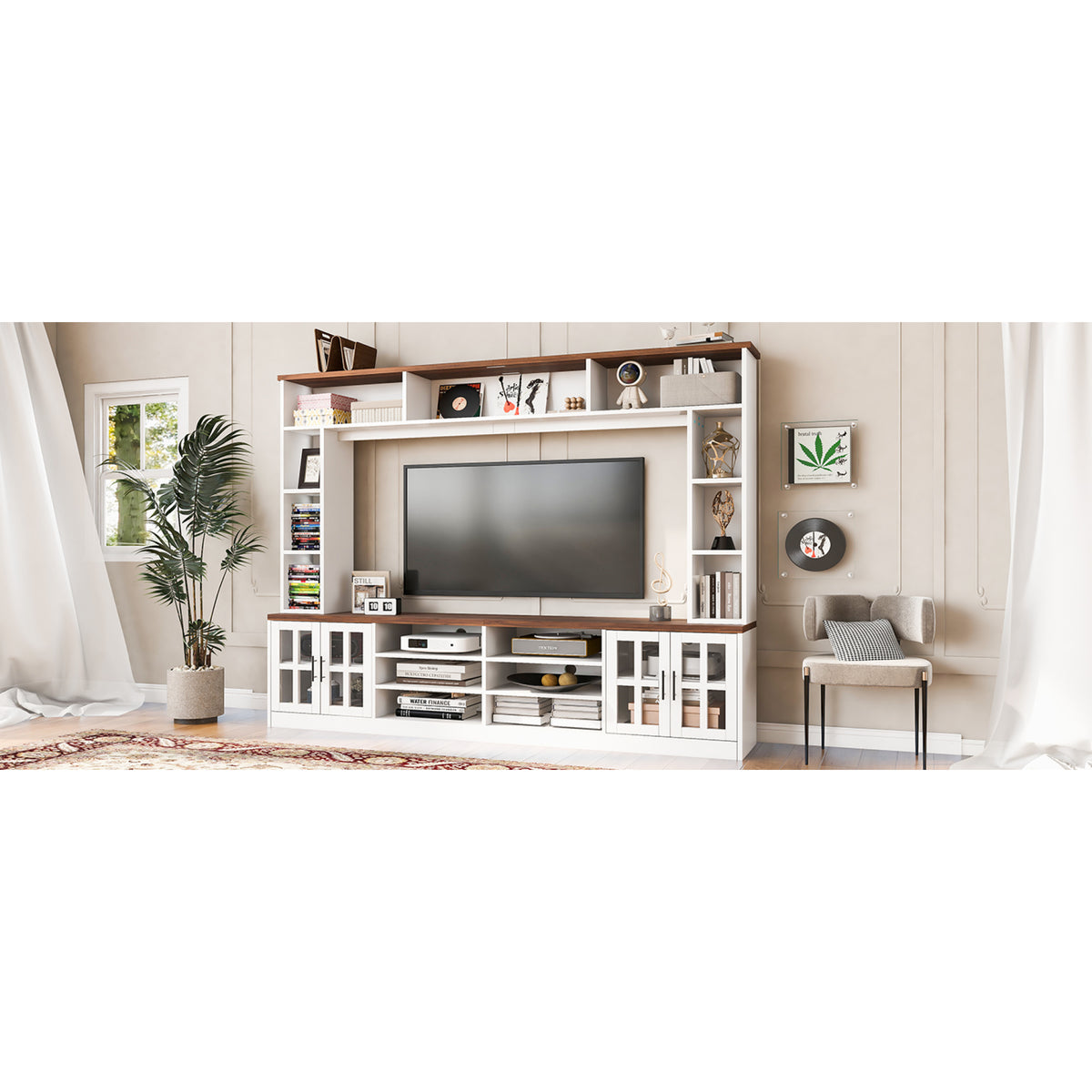 variant-group:rf-n724sj000127aak|Roomfitters Wall Unit Entertainment Center for up to 80 Inch TV, Media Console with Cabinets and Bookshelves, White