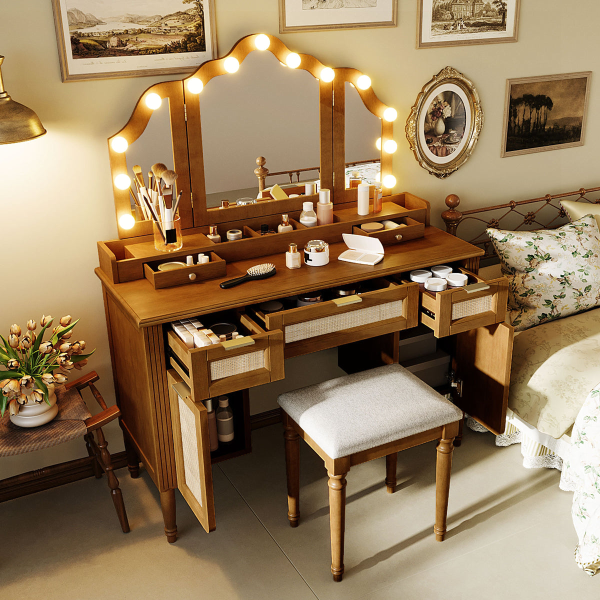 variant-group:rf-n704p342558p|Roomfitters 44-Inch Bohemian Makeup Vanity Desk with 13 Hollywood Bulbs Tri-Fold Mirror and Bamboo Drawers Espresso