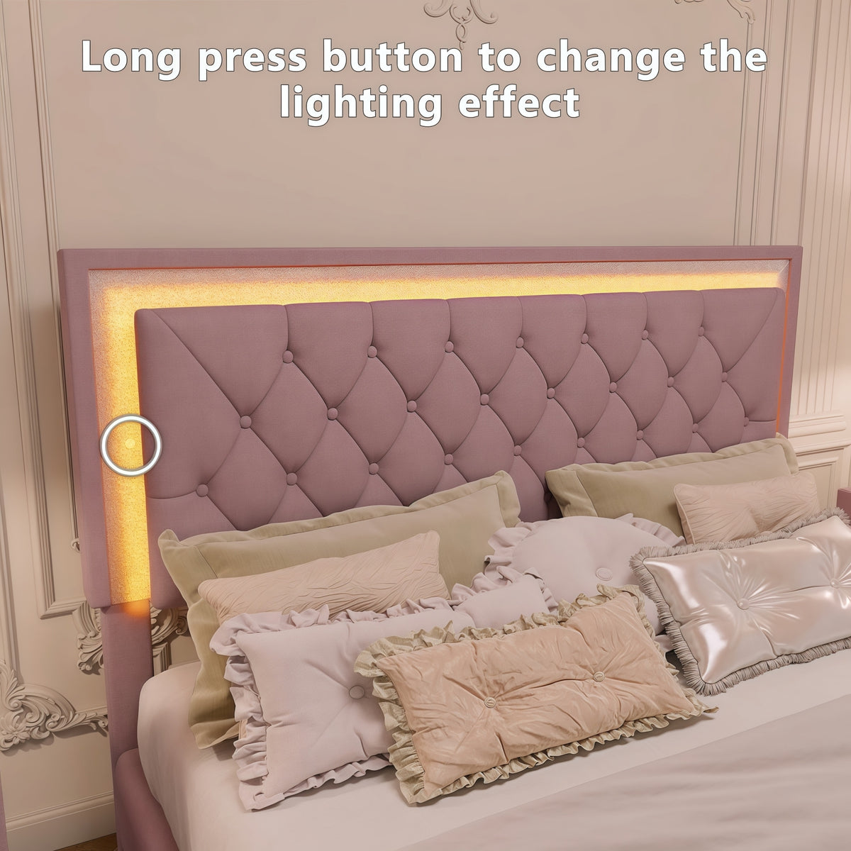 variant-group:rf-n733p183657h|Roomfitters Modern Velvet Queen Platform Bed with Tufted Headboard and Built-In Lighting, Pink