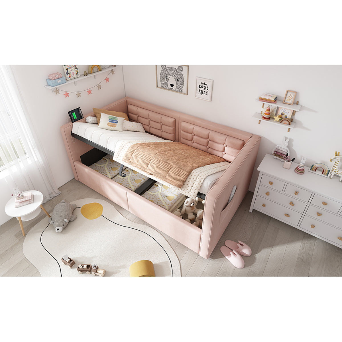 variant-group:rf-n736p303402p|Roomfitters Upholstered Twin Size Daybed with Storage, USB & Type-C Charging, Tufted Sofa Back, Velvet Pink