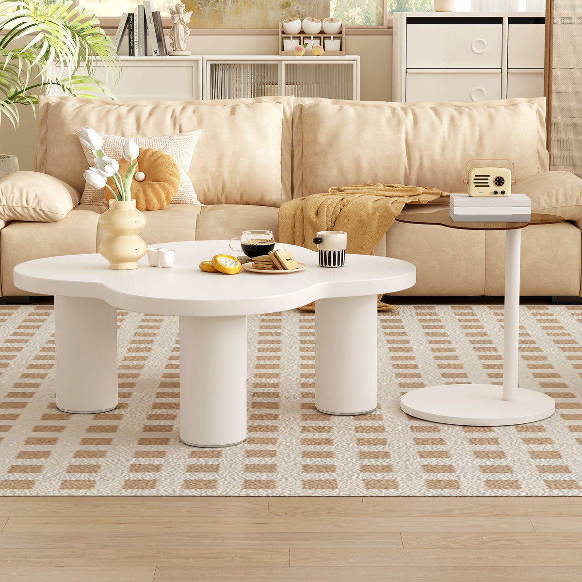 Roomfitters Modern Coffee Table Set of 2 with Irregular Shape and Glass End Table, Roman Column Legs, White Roomfitters