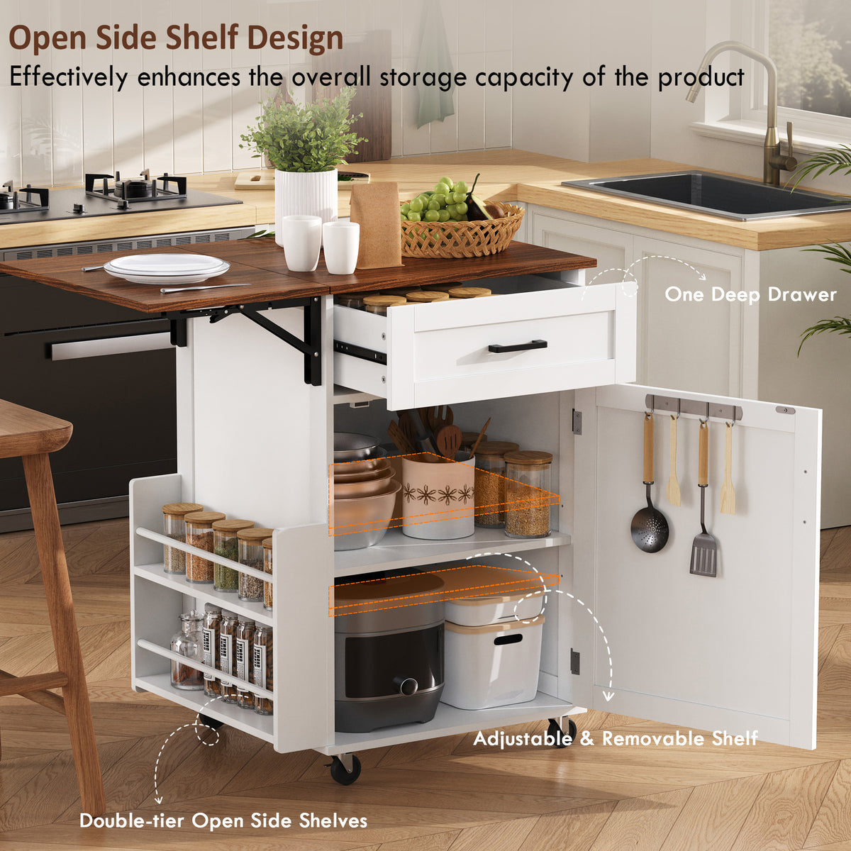 variant-group:rf-n707p404539w|Roomfitters 39.3" Kitchen Island with Drop Leaf, Rolling Kitchen Cart with Storage Drawer and Spice Rack, Modern Style, White