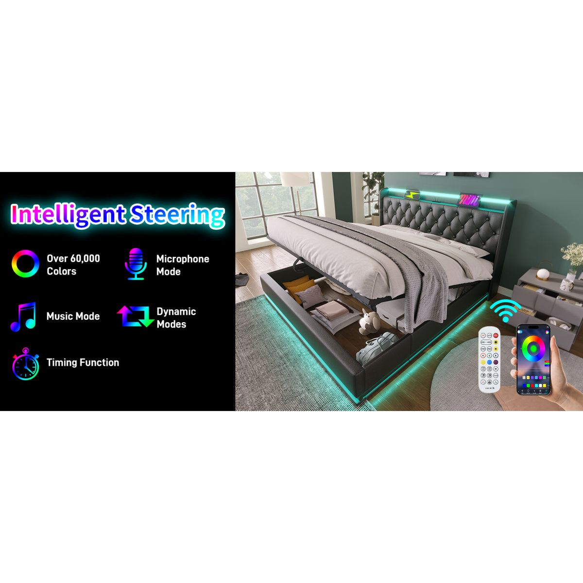 variant-group:rf-n736p188807b|Roomfitters Queen Size Upholstered Storage Bed with USB Type-C Charging and Remote Control, Faux Leather Black