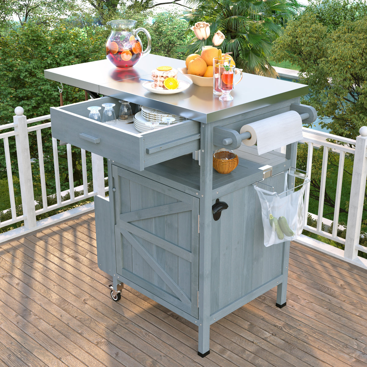 variant-group:rf-n707p228272g|Roomfitters 40.5" Outdoor Grill Cart with Stainless Steel Top, Wood Storage Cabinet, Drop Leaf, Rolling Cart, Blue Grey