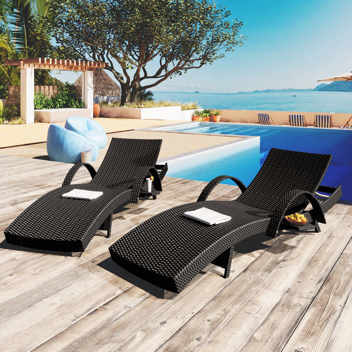 variant-group:rf-n707wf321204aab|Roomfitters 80" Outdoor Wicker Chaise Lounge Chairs, Set of 2, Reclining Patio Chairs with Pull-Out Table, Black