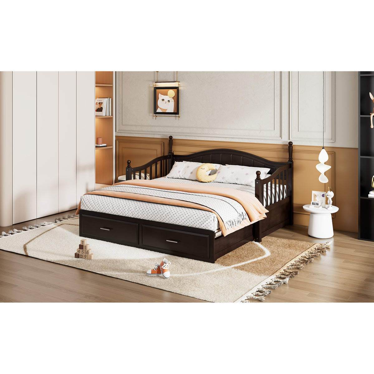 variant-group:rf-n733s173459p|Roomfitters Wooden Twin Size Daybed with Expandable Design, Twin Trundle and Two Practical Storage Drawers, Espresso