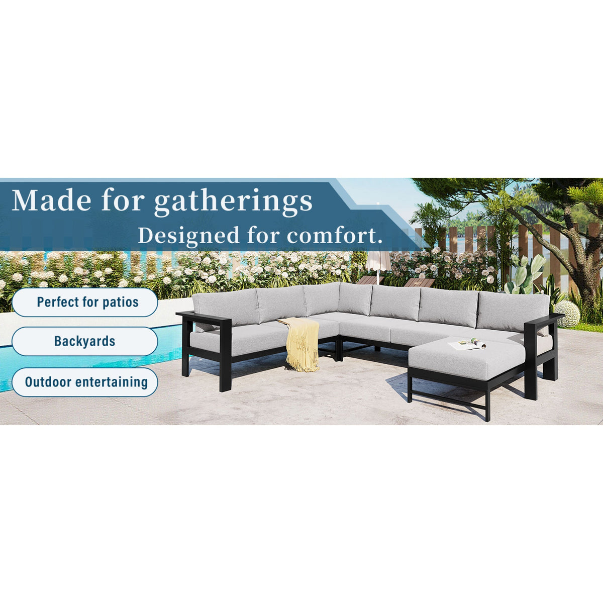 Roomfitters Modern U-Shaped Outdoor Sectional Sofa Set, 5-6 Seat Patio Conversation, Grey Cushions, Iron Frame Pit Roomfitters