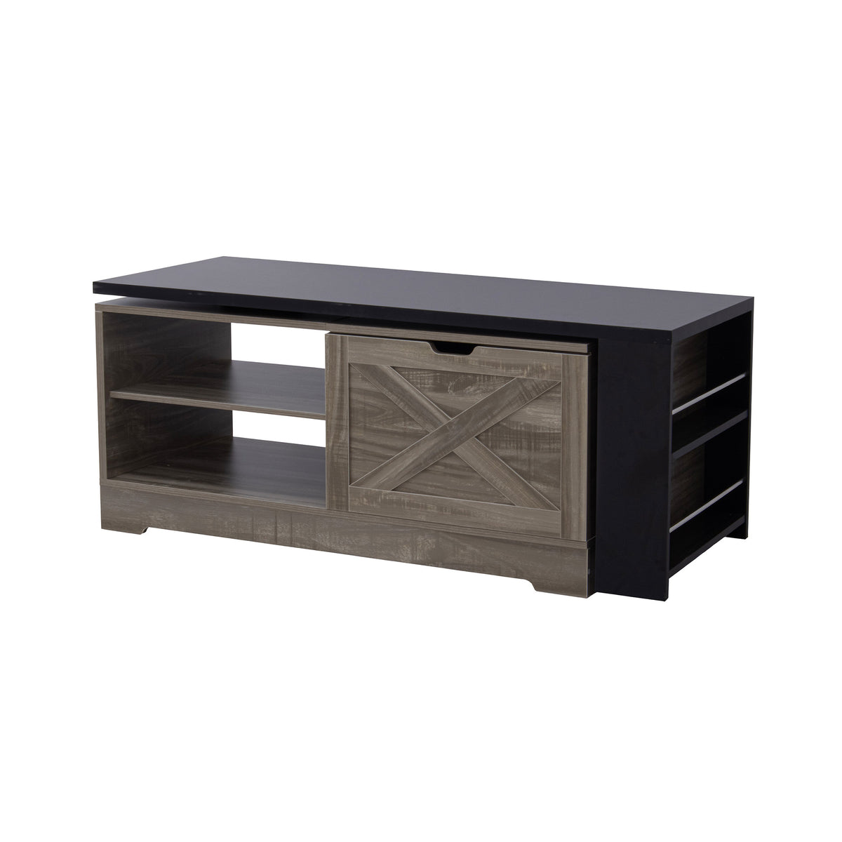 variant-group:rf-n724p351732e|Roomfitters Farmhouse Lift Top Coffee Table with Barn Doors and Outlets, Brown & Black