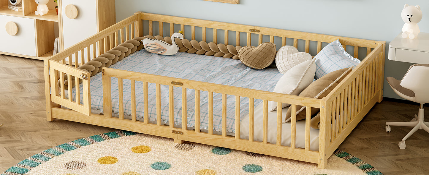 variant-group:rf-w1580p338954|Roomfitters Wooden Queen Floor Bed Frame with Door & Safety Guardrails, Low Platform Design for Bedroom or Playroom, Natural