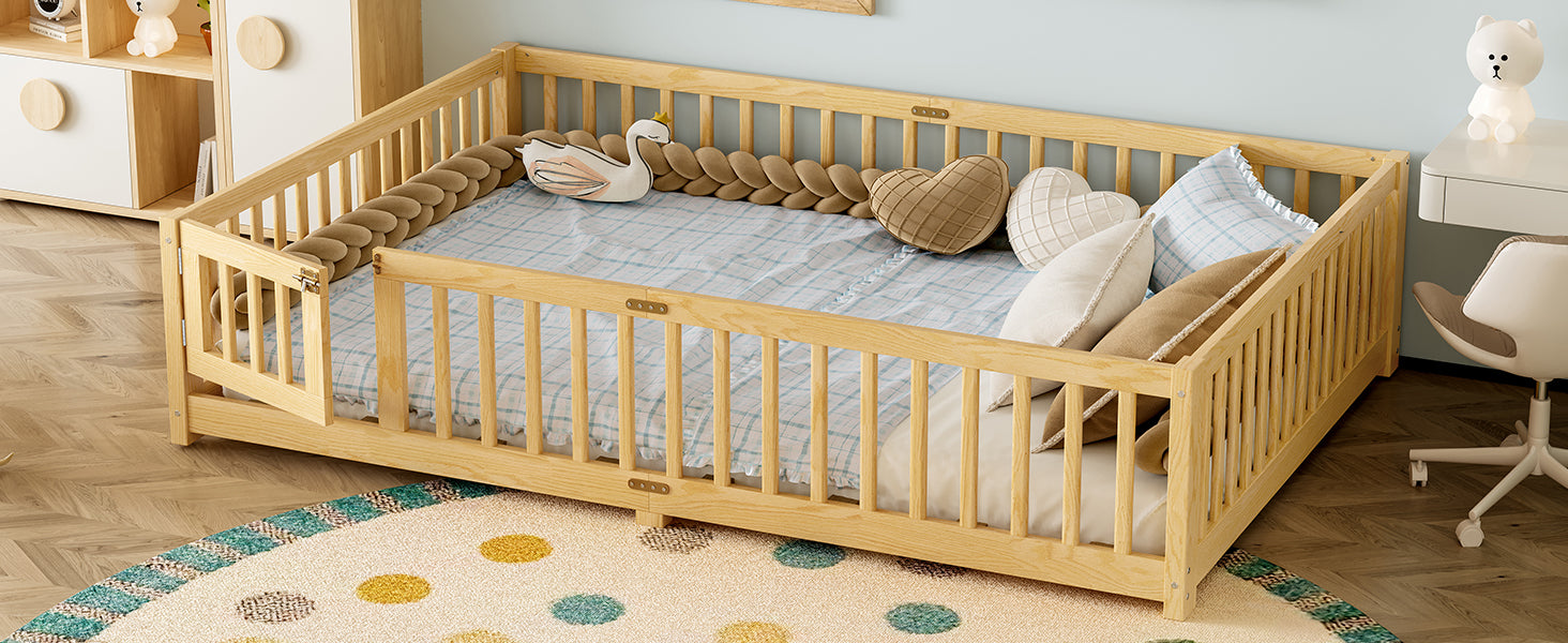 variant-group:rf-w1580p338954|Roomfitters Wooden Queen Floor Bed Frame with Door & Safety Guardrails, Low Platform Design for Bedroom or Playroom, Natural
