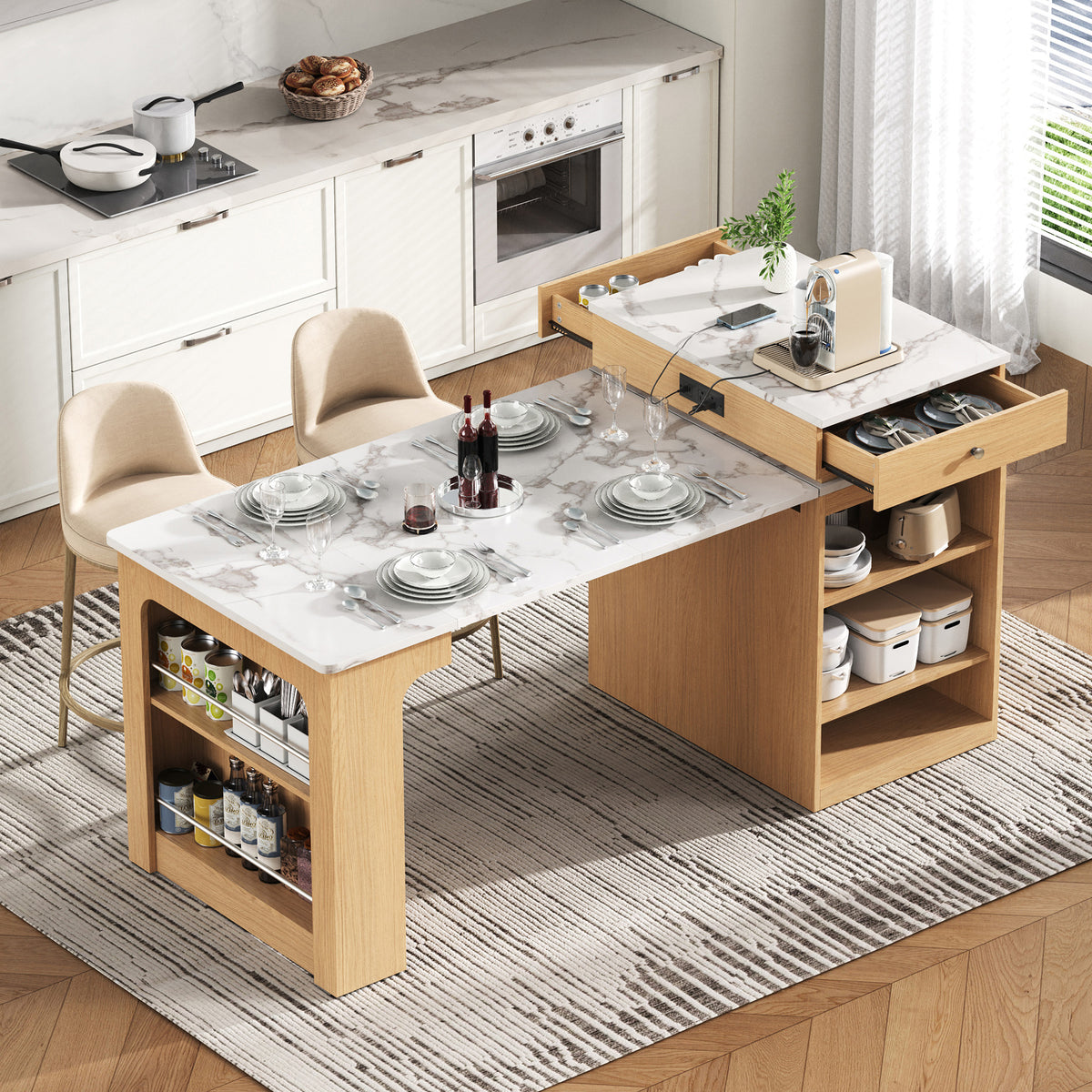 variant-group:rf-n707s000017y|Roomfitters 59.5" Kitchen Island with 41.8" Extendable Dining Table, Double-Sided Storage, Power Outlet, 2 Drawers, Natural
