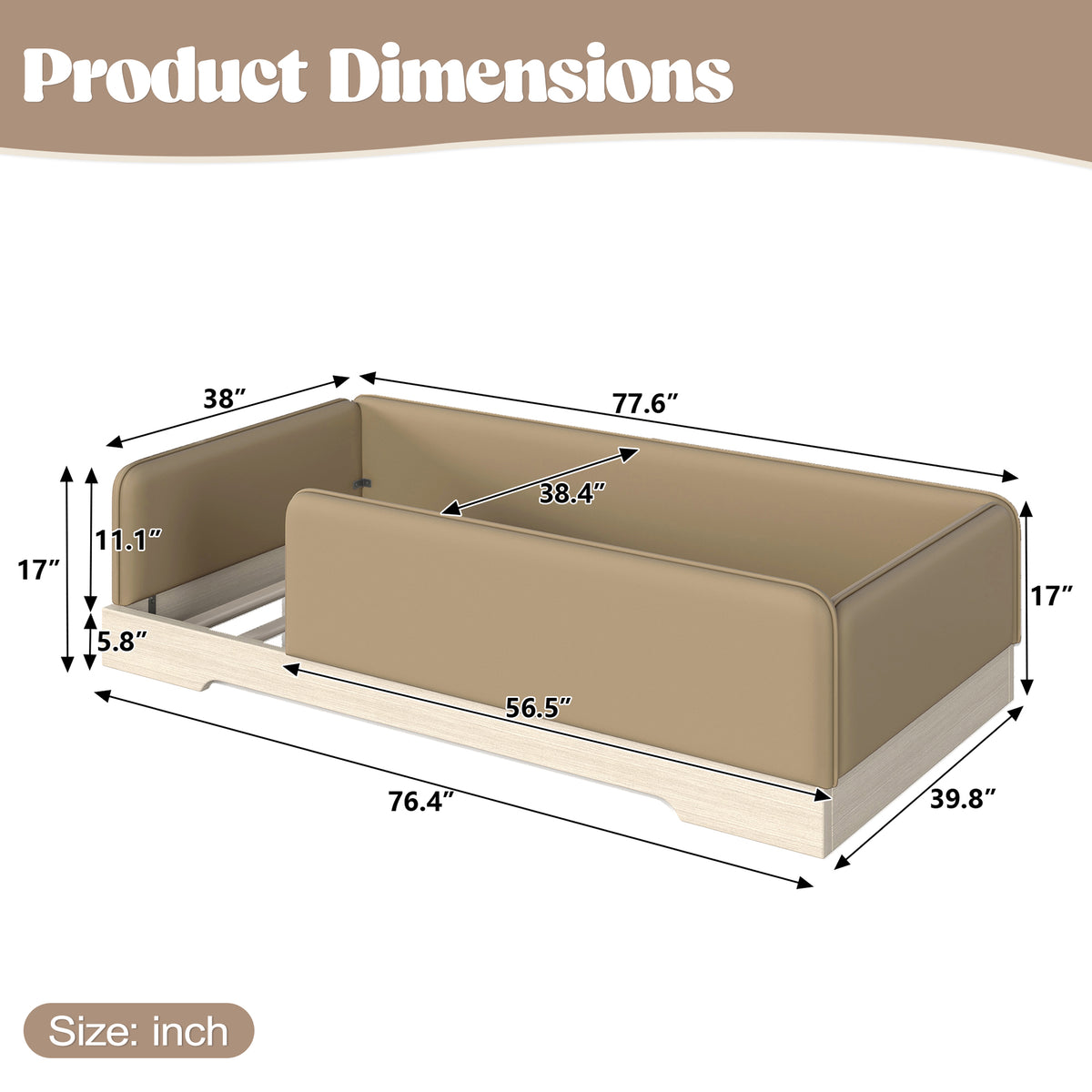 variant-group:rf-w1580p493126|Roomfitters Twin Size Upholstered Floor Bed Frame with Removable Guardrails, Faux Leather Low Profile Platform, Brown