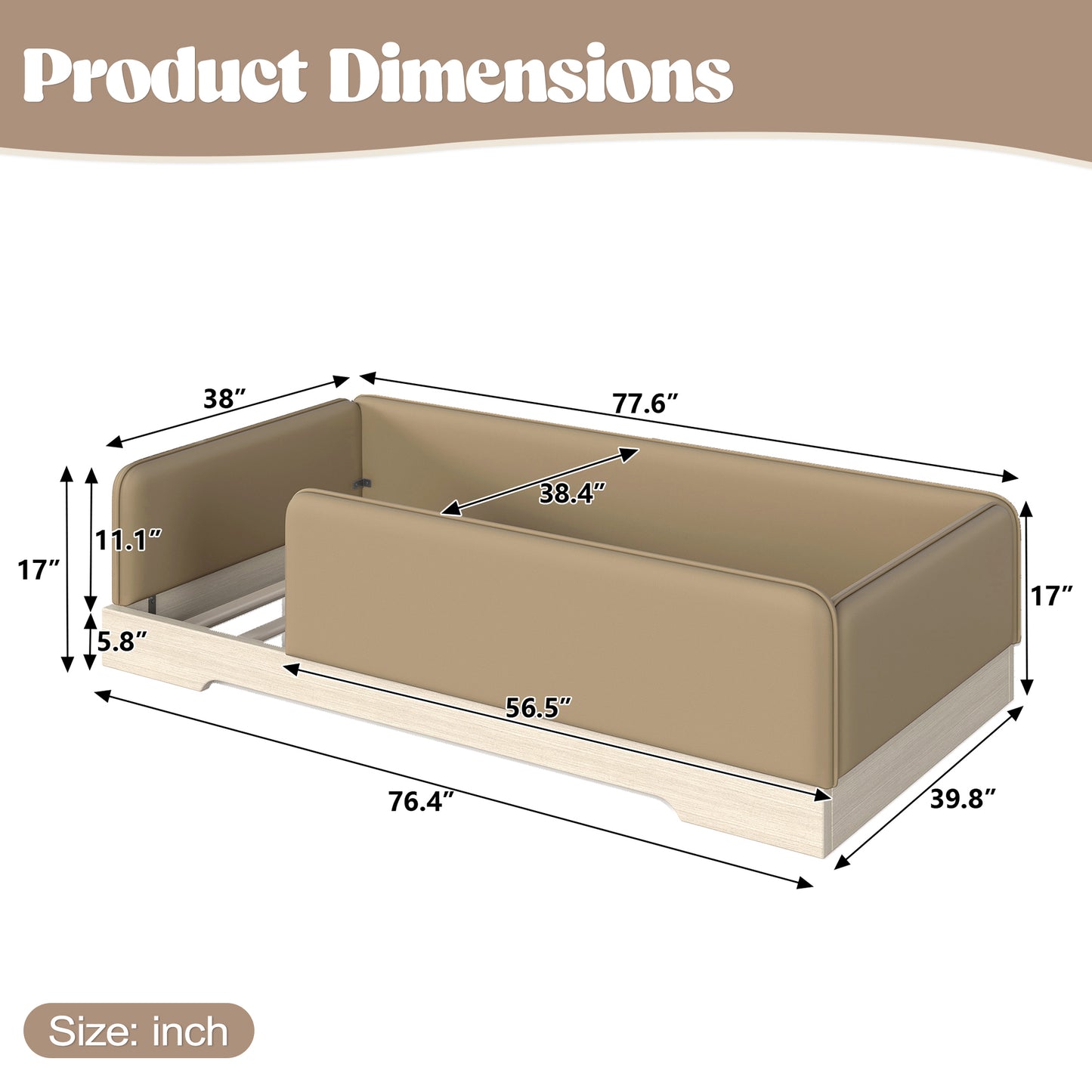 variant-group:rf-w1580p493126|Roomfitters Twin Size Upholstered Floor Bed Frame with Removable Guardrails, Faux Leather Low Profile Platform, Brown