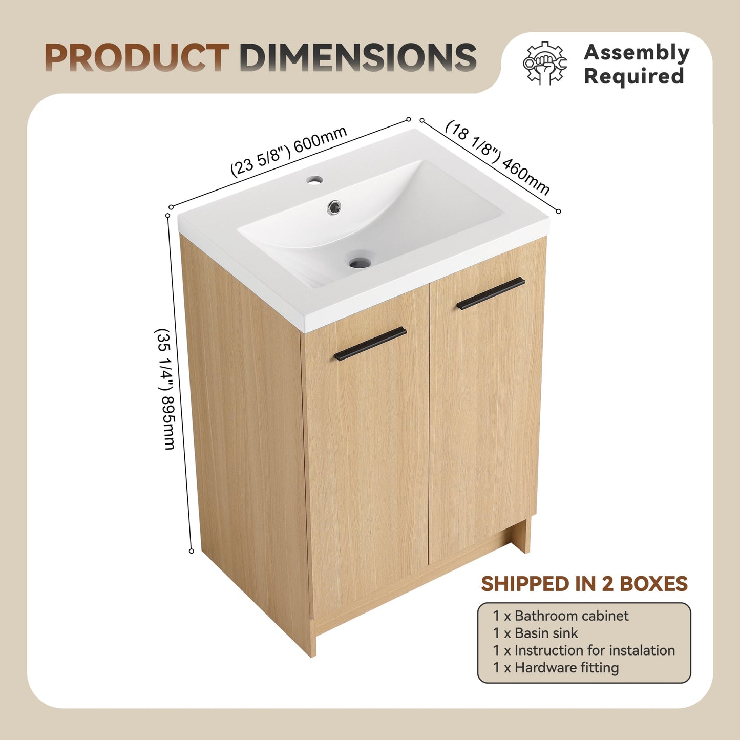 24" Freestanding Bathroom Vanity with Resin Sink, Light Oak, Double Door Storage, KD (Ready-to-Assemble), Includes Black & Brushed Aluminum Handles Roomfitters