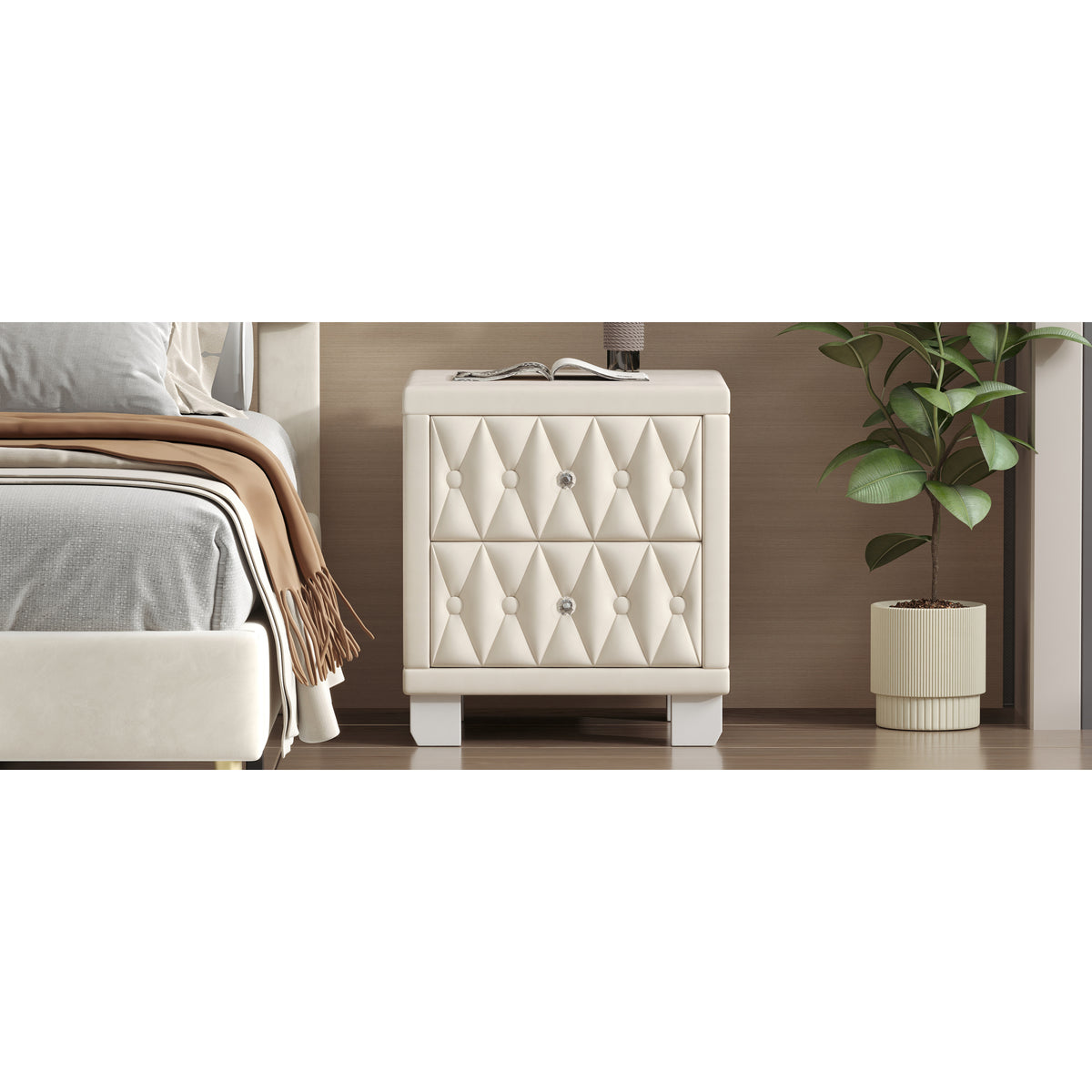 variant-group:rf-n733p210398a|Roomfitters Velvet Nightstand with Crystal Handles, Button-Tufted Upholstered Bedside Table with Two Storage Compartments, Beige