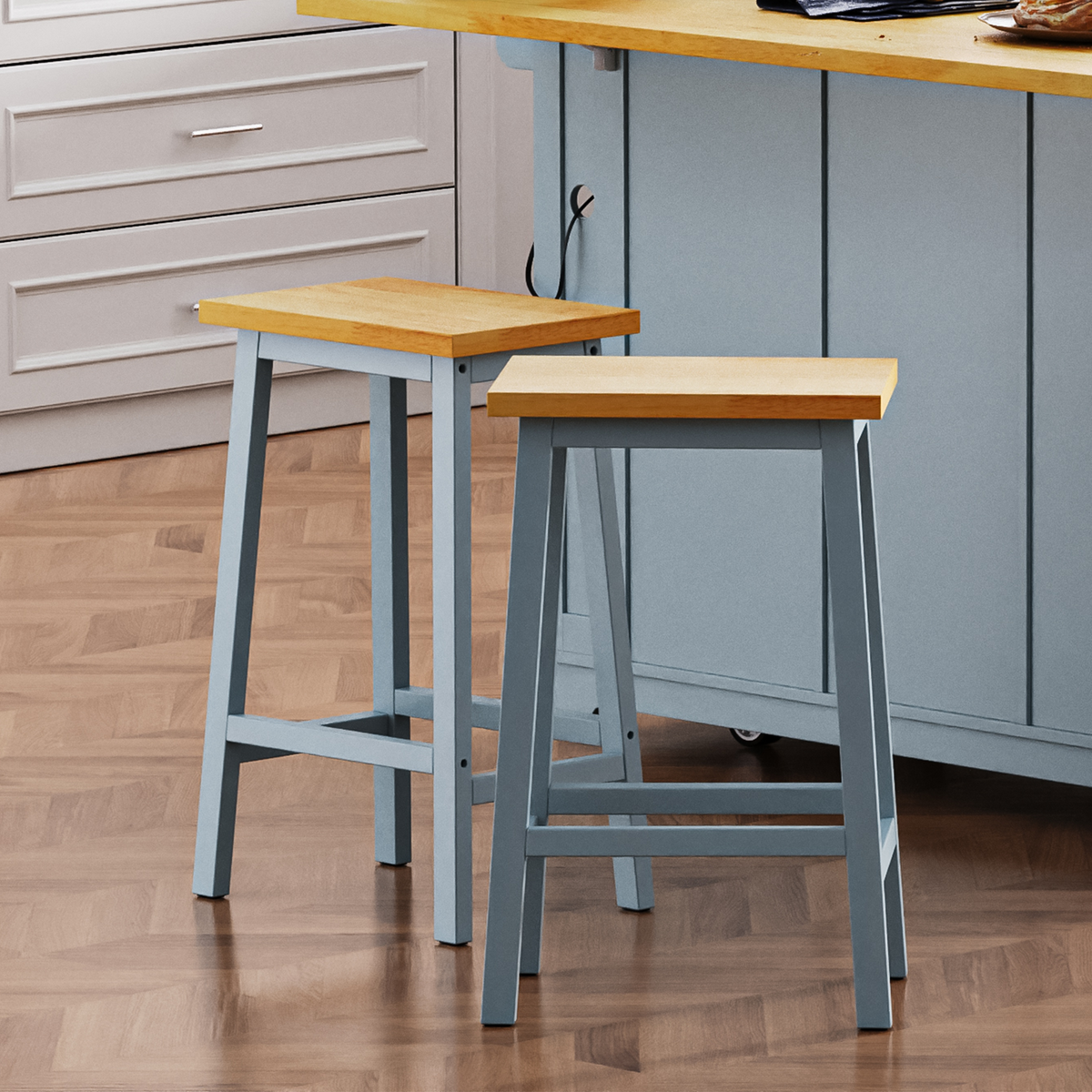 variant-group:rf-n707p185529g|Roomfitters Set of 2 Counter Height Stools, 25.6" A-Frame Solid Wood Bar Stools with Contoured Wood Seat & Footrest, Grey Blue
