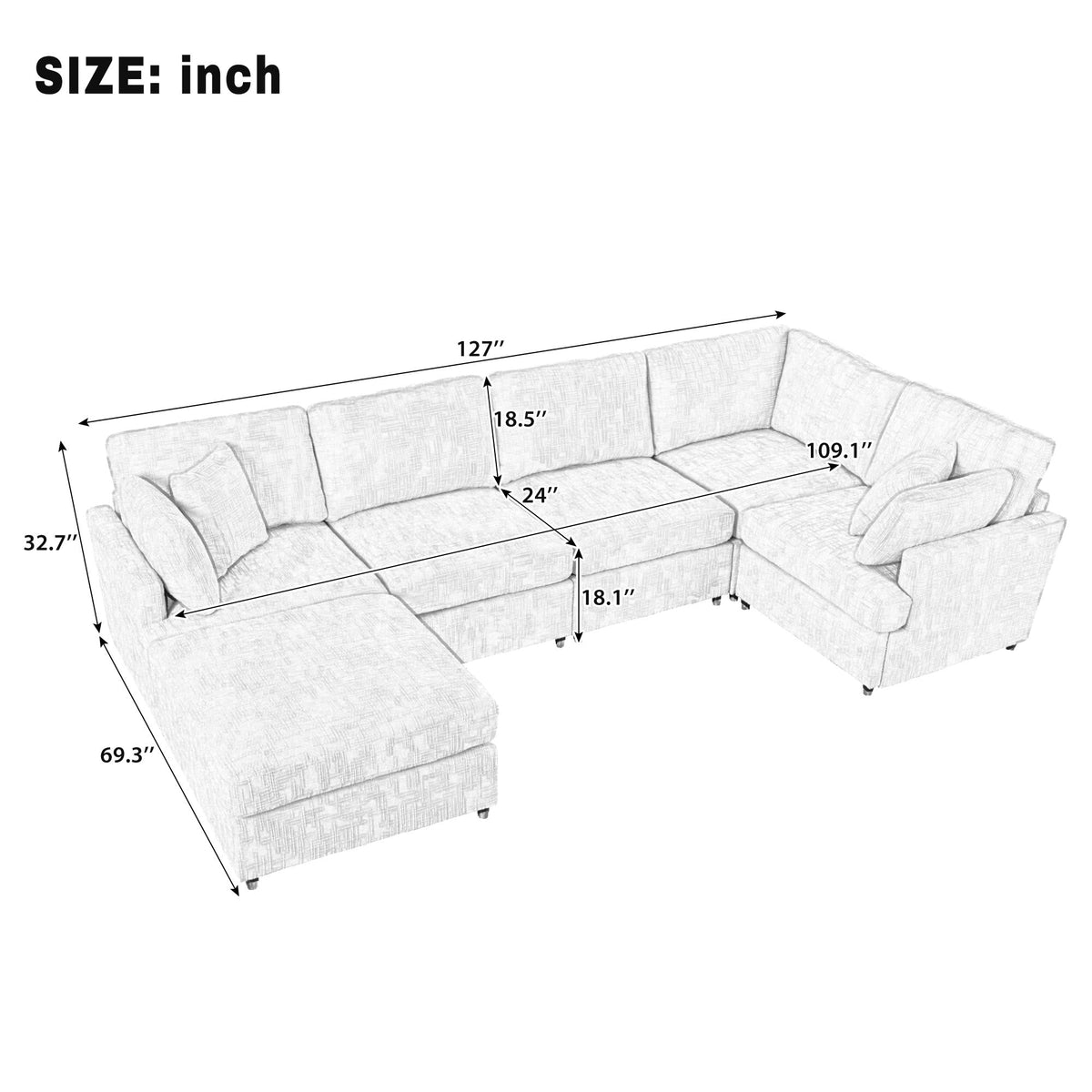 Roomfitters 127" U-Shaped Sectional Sofa, Modern Modular L-Shaped Couch with Movable Ottoman for Living Room, Grey Roomfitters