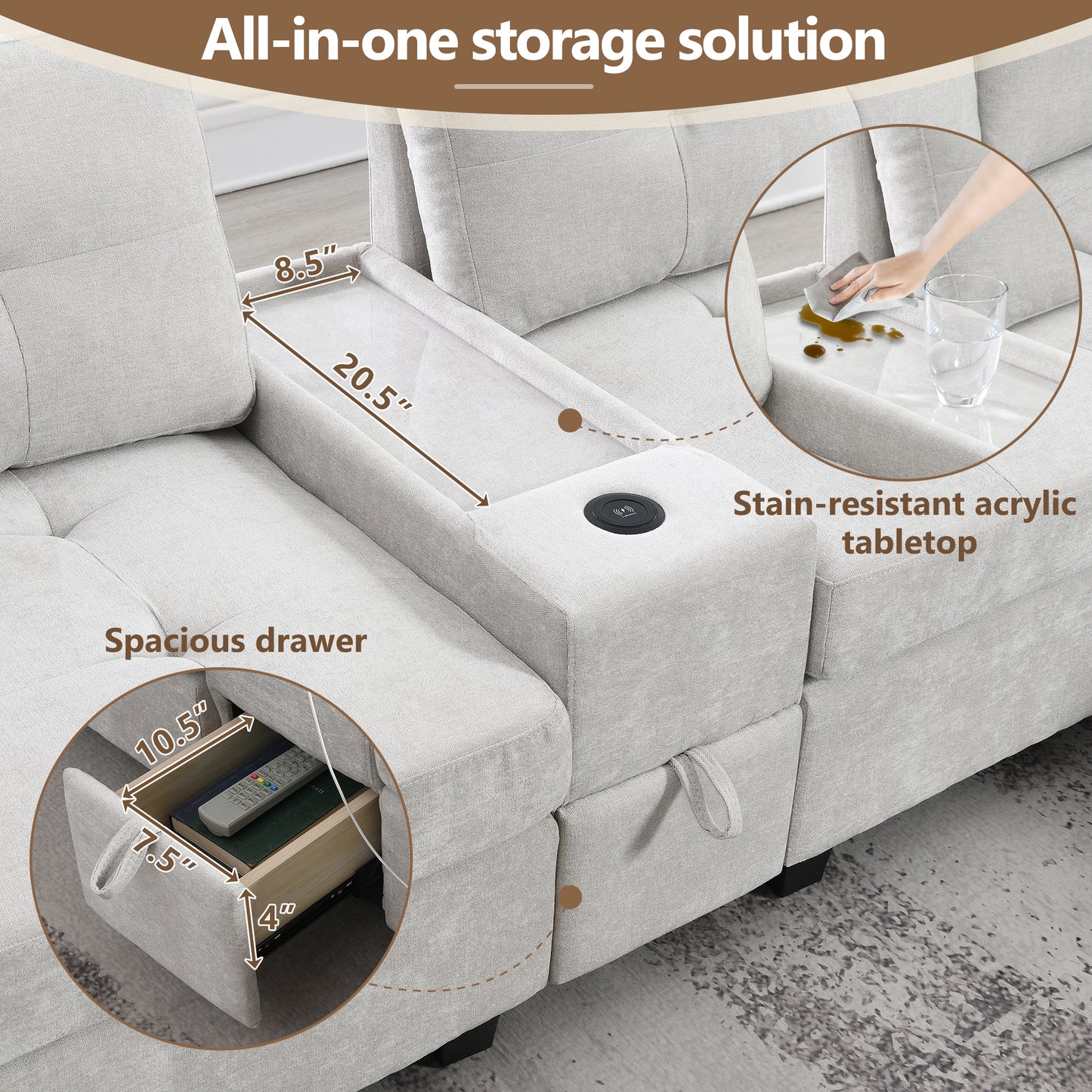 variant-group:rf-n723s1191k|Roomfitters 104 Inch Modular Sectional Sofa with Console and Cup Holders, Upholstered L-Shape Couch for Home Decor, Light Gray