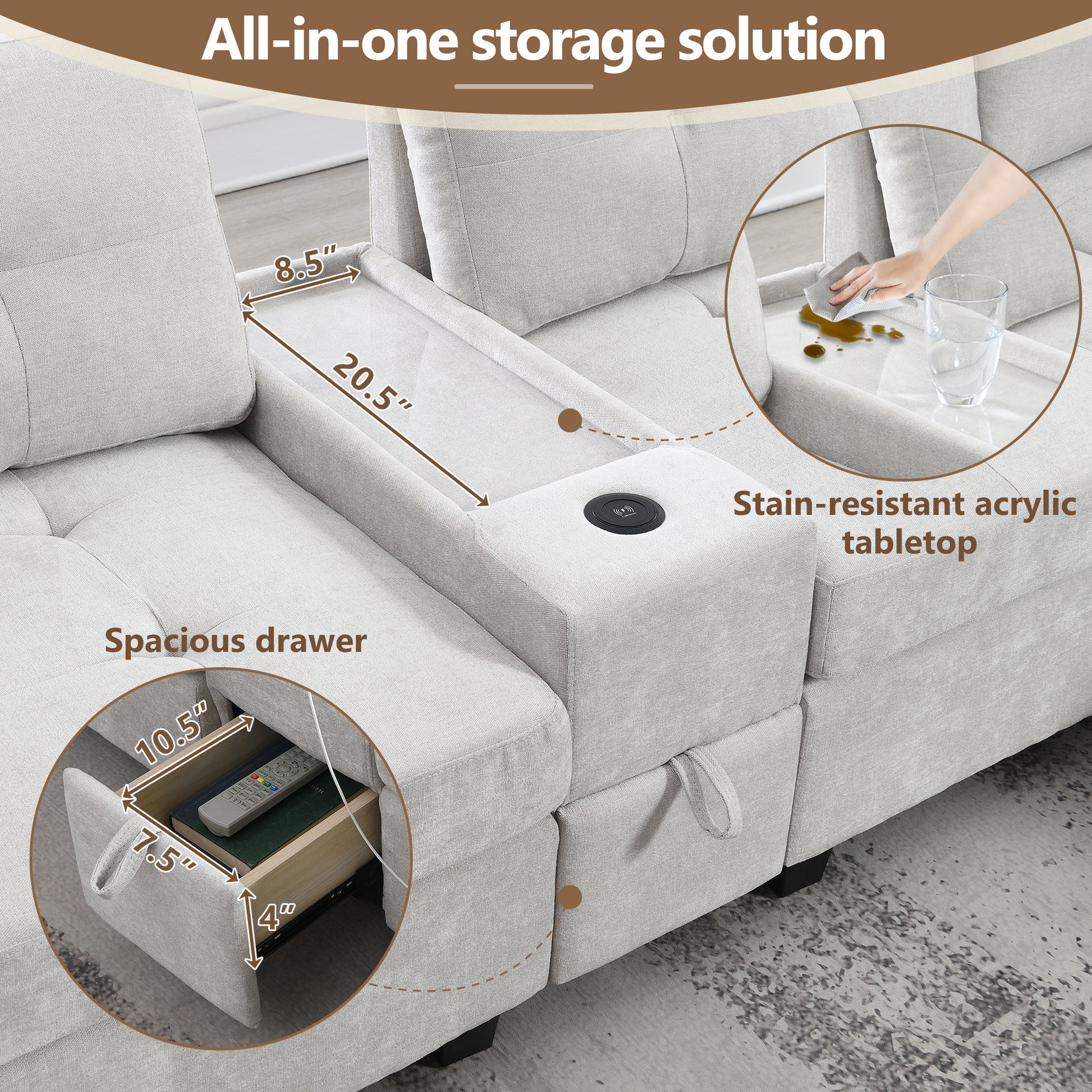 variant-group:rf-n723s1191k|Roomfitters 104 Inch Modular Sectional Sofa with Console and Cup Holders, Upholstered L-Shape Couch for Home Decor, Light Gray