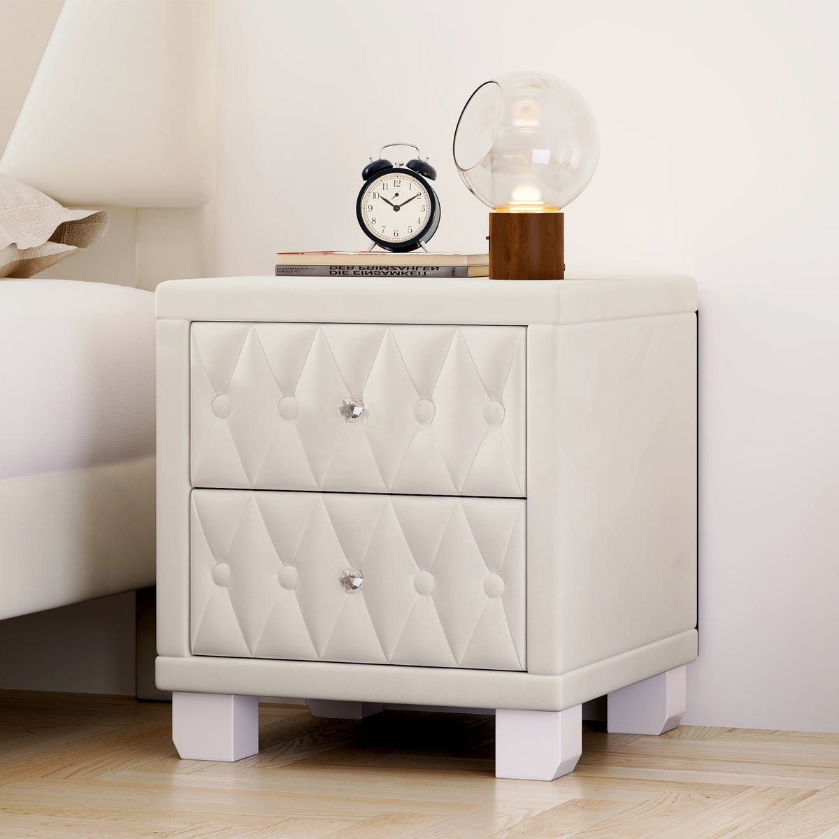 variant-group:rf-n733p210398a|Roomfitters Velvet Nightstand with Crystal Handles, Button-Tufted Upholstered Bedside Table with Two Storage Compartments, Beige