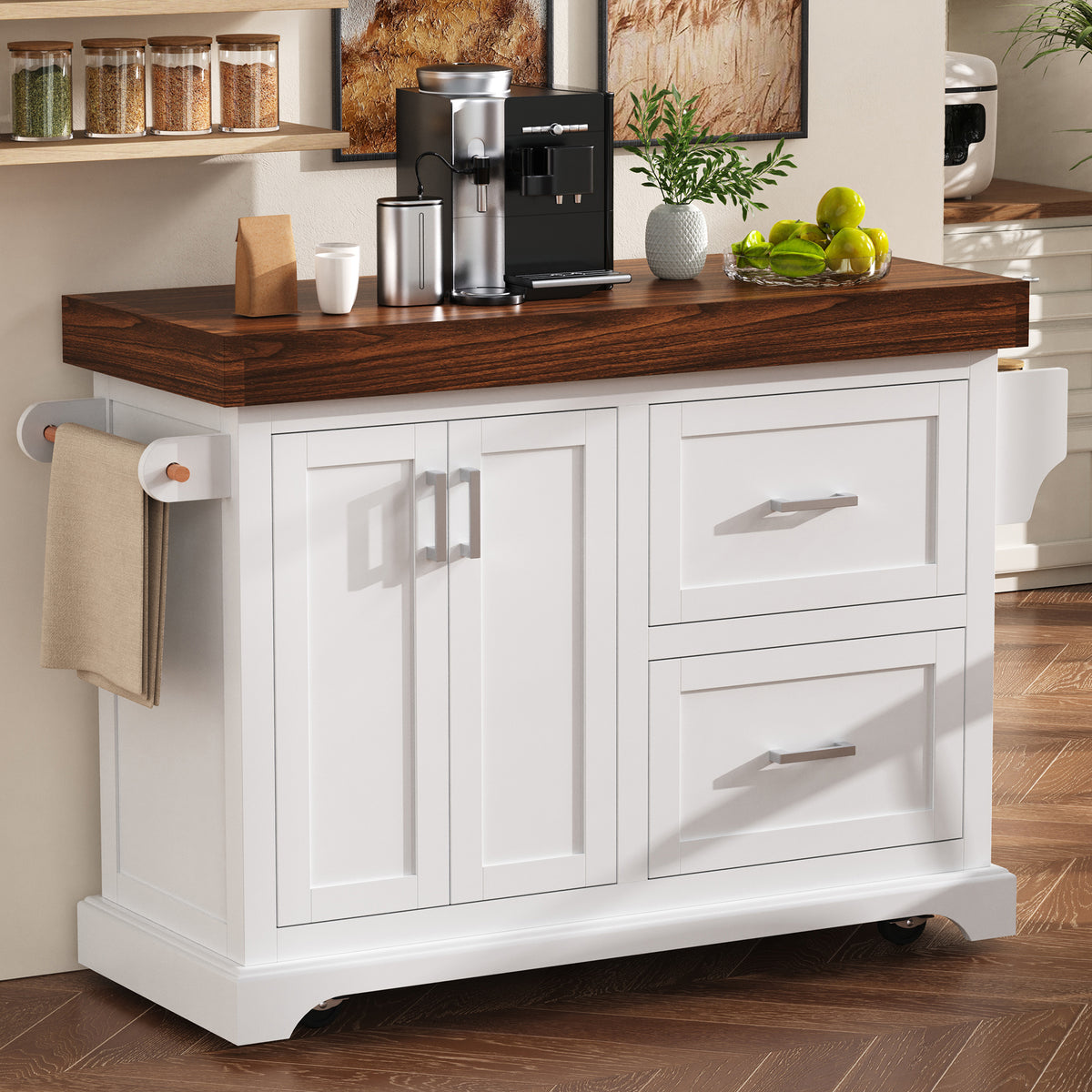 variant-group:rf-n707s000025w|Roomfitters 53" Kitchen Island with Butcher Block Top, Storage Cabinet with Drawers, Spice Rack and Towel Holder, White