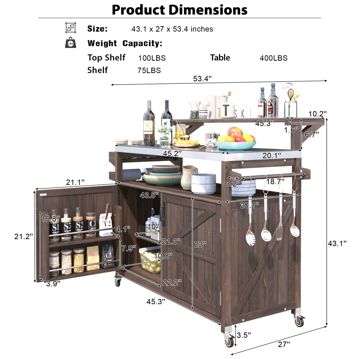 variant-group:rf-n707p250628z|Roomfitters 53.3" Outdoor Kitchen Island with Raised Shelf, Wood Storage Cabinet, Stainless Steel Top, Rolling Grill Cart, Brown