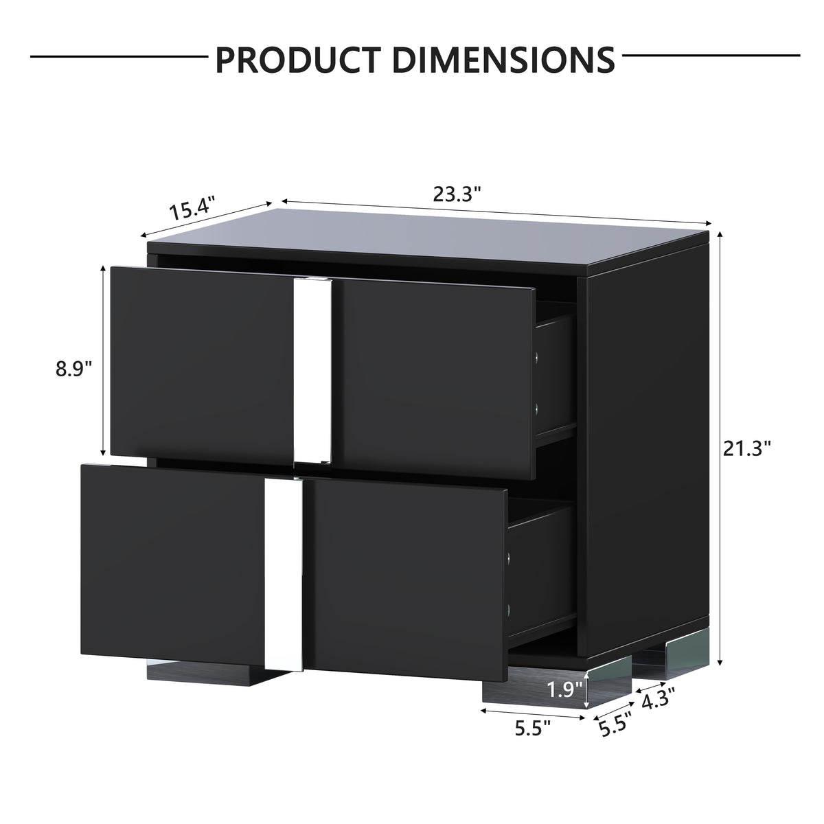 variant-group:rf-n733p307938b|Roomfitters Elegant Mirrored Nightstand with 2 Drawers and Metal Handle, Bedside Table for Bedroom or Living Room, Black