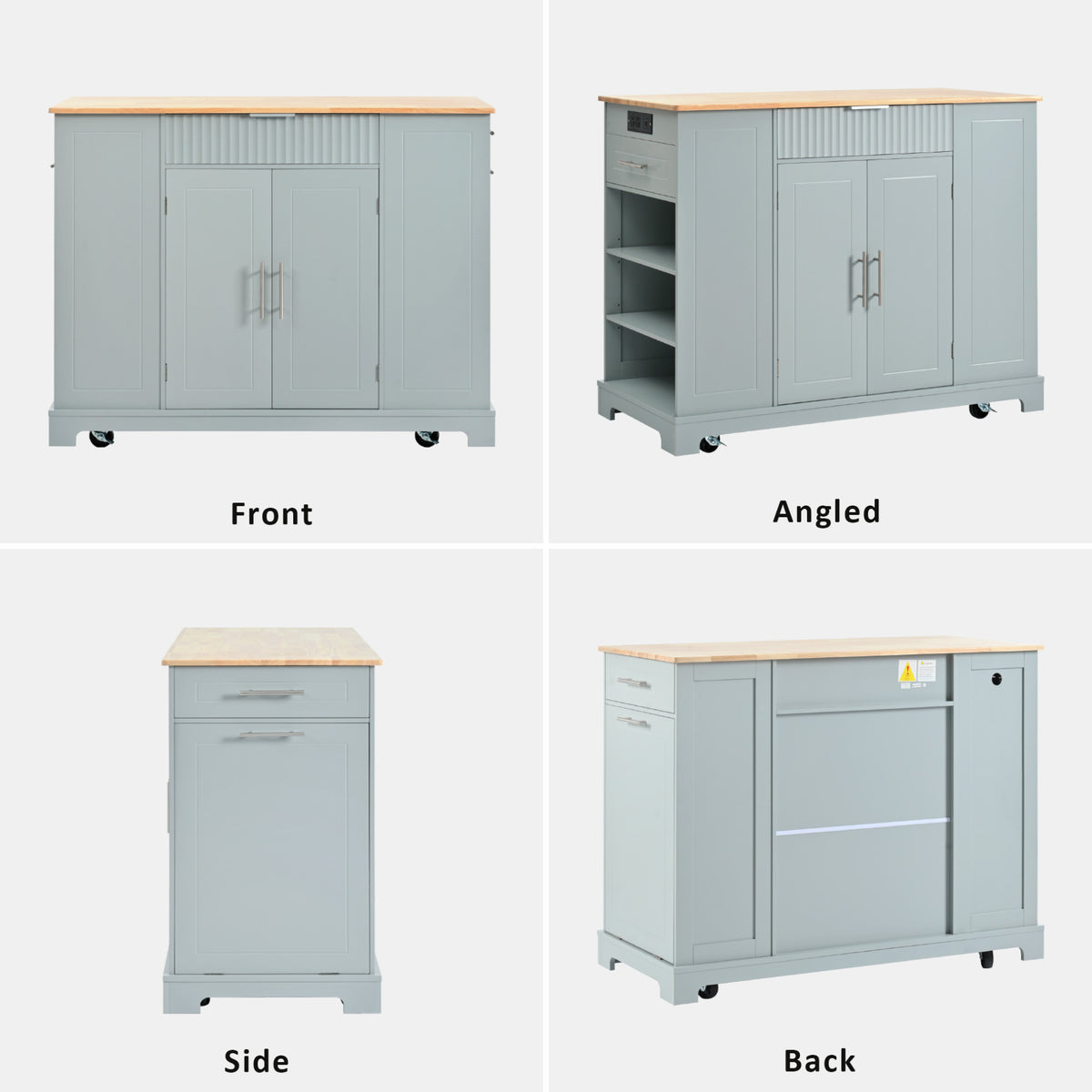 variant-group:rf-n707p221571g|Roomfitters Fluted Kitchen Island with Trash Can Cabinet, Power Outlet, Storage Rack, Rolling Cart with Open Side Racks, Grey Blue
