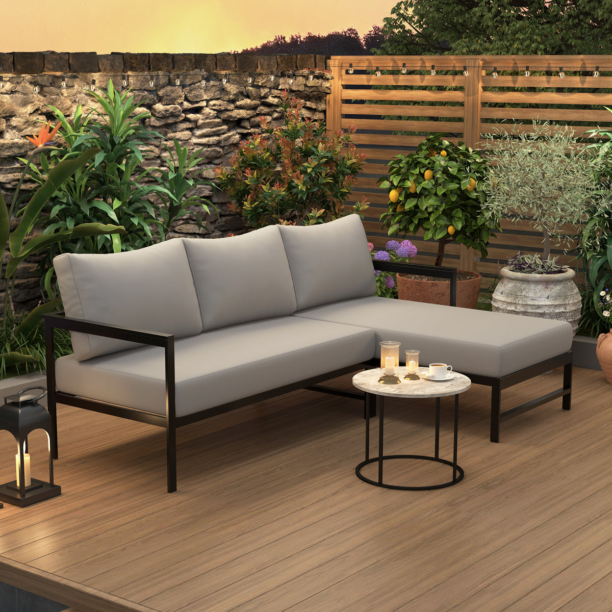 variant-group:rf-n711wy000480aae|Roomfitters Modern L-Shaped Outdoor Sectional Sofa, 3-Seater Patio Conversation Couch, Grey Cushions, Iron Frame Lounge