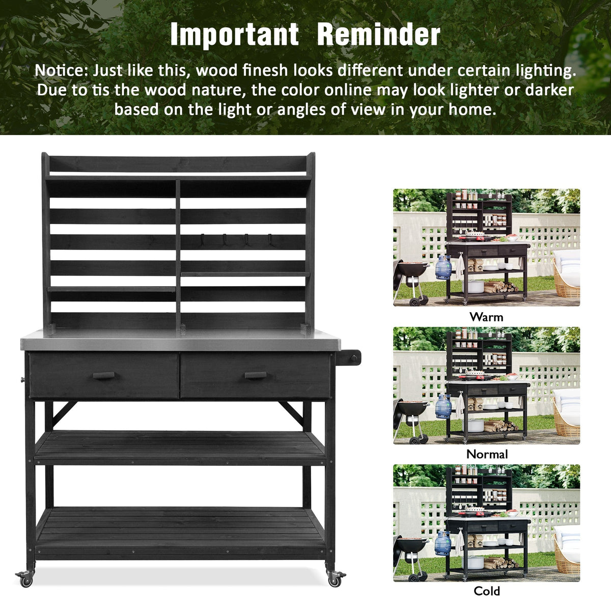 Roomfitters 64.9" Outdoor Potting Bench & Kitchen Island with Stainless Steel Top, Propane Rack & Lockable Wheels, Black