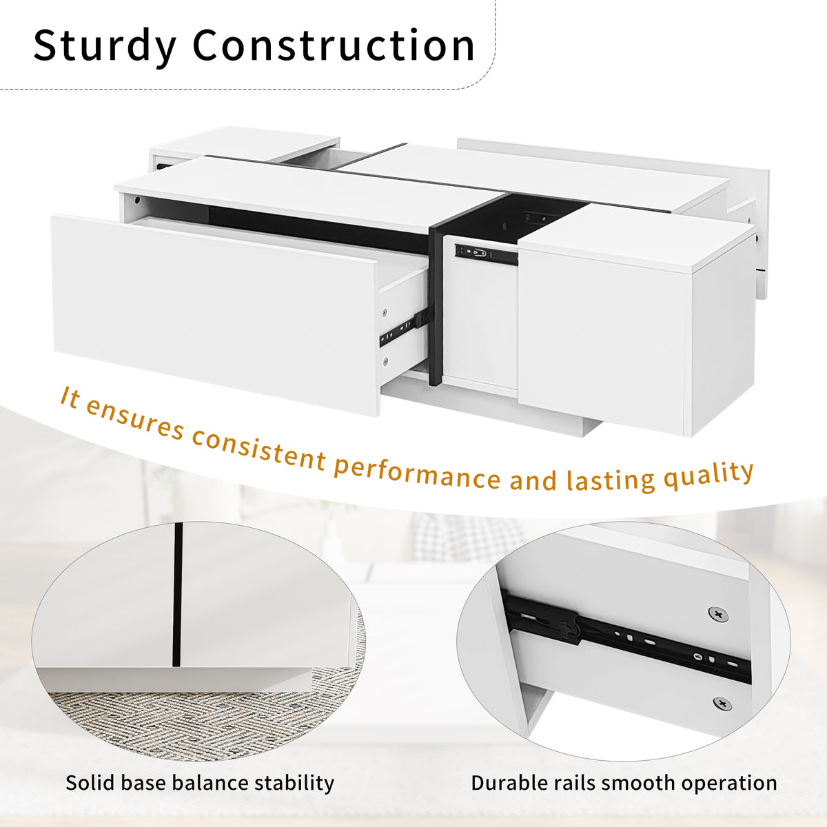 variant-group:rf-n724p292070k|Roomfitters Glossy Extendable Coffee Table with 2 Drawers and Hidden Storage Compartments, Multi-Functional Design, White