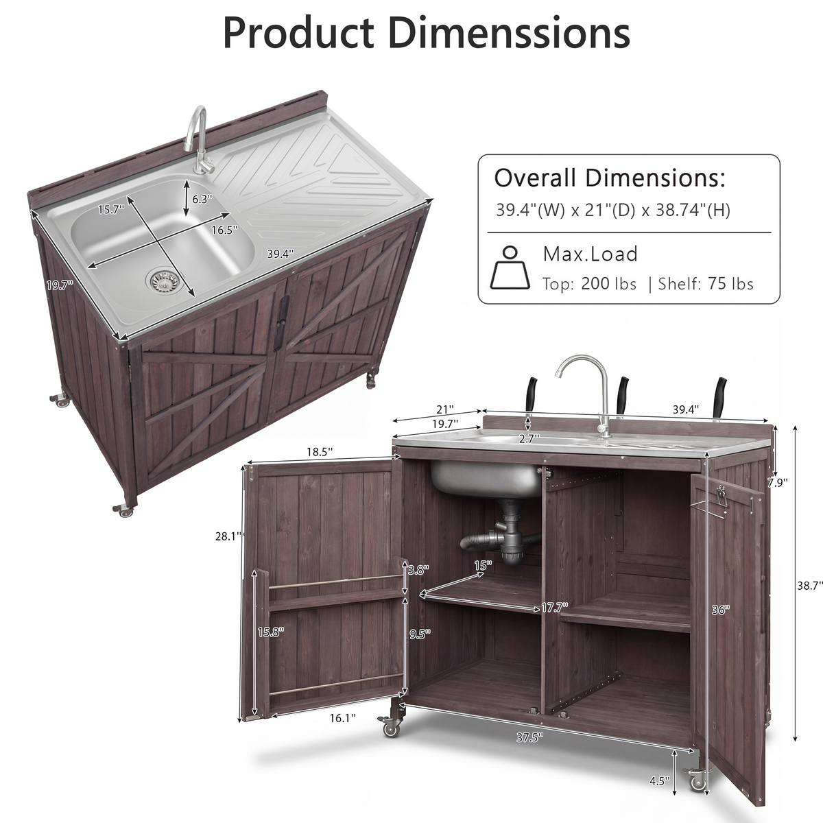 variant-group:rf-n707p370281z|Roomfitters 39.4" Outdoor Grill Cart with Stainless Steel Top, Prep Station with Sink and Storage Cabinet, Dark Brown