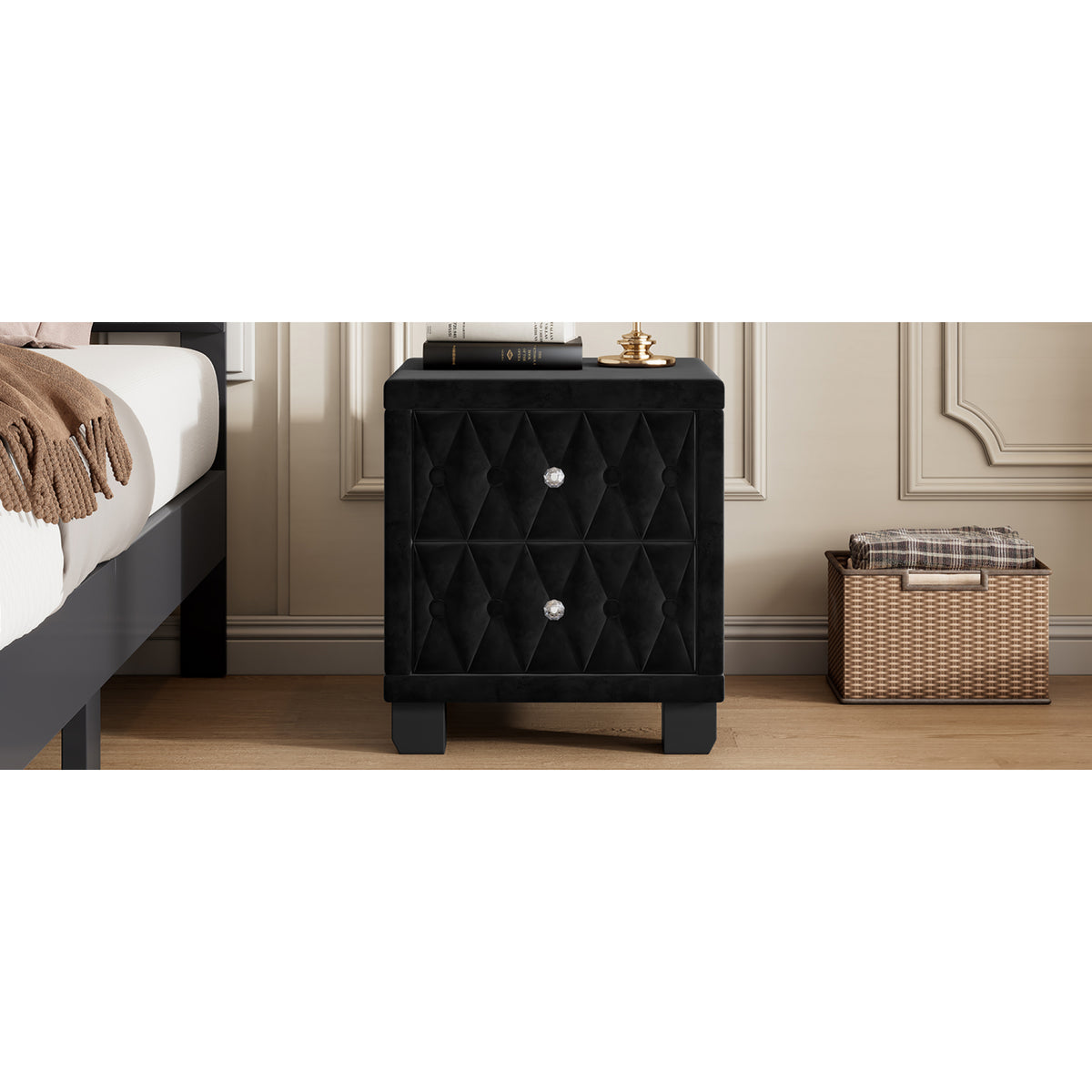 variant-group:rf-n733p210398b|Roomfitters Velvet Nightstand with Crystal Handles, Button-Tufted Upholstered Bedside Table with Two Storage Compartments, Black