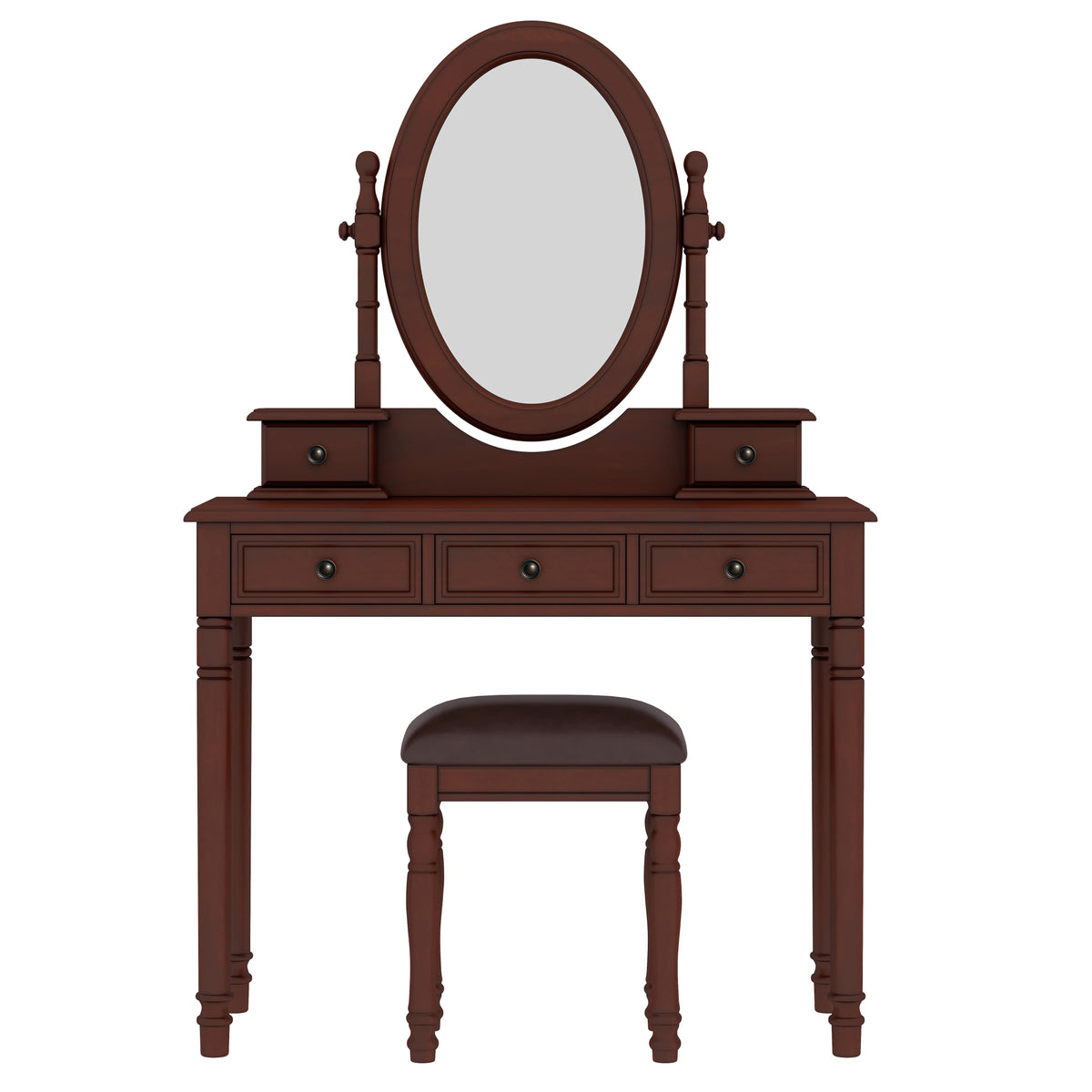 Roomfitters Vintage Vanity Desk with Adjustable Mirror, Makeup Table and Cushioned Stool Set, Wooden Dressing Table with 5 Drawers and Velvet Lining, Walnut