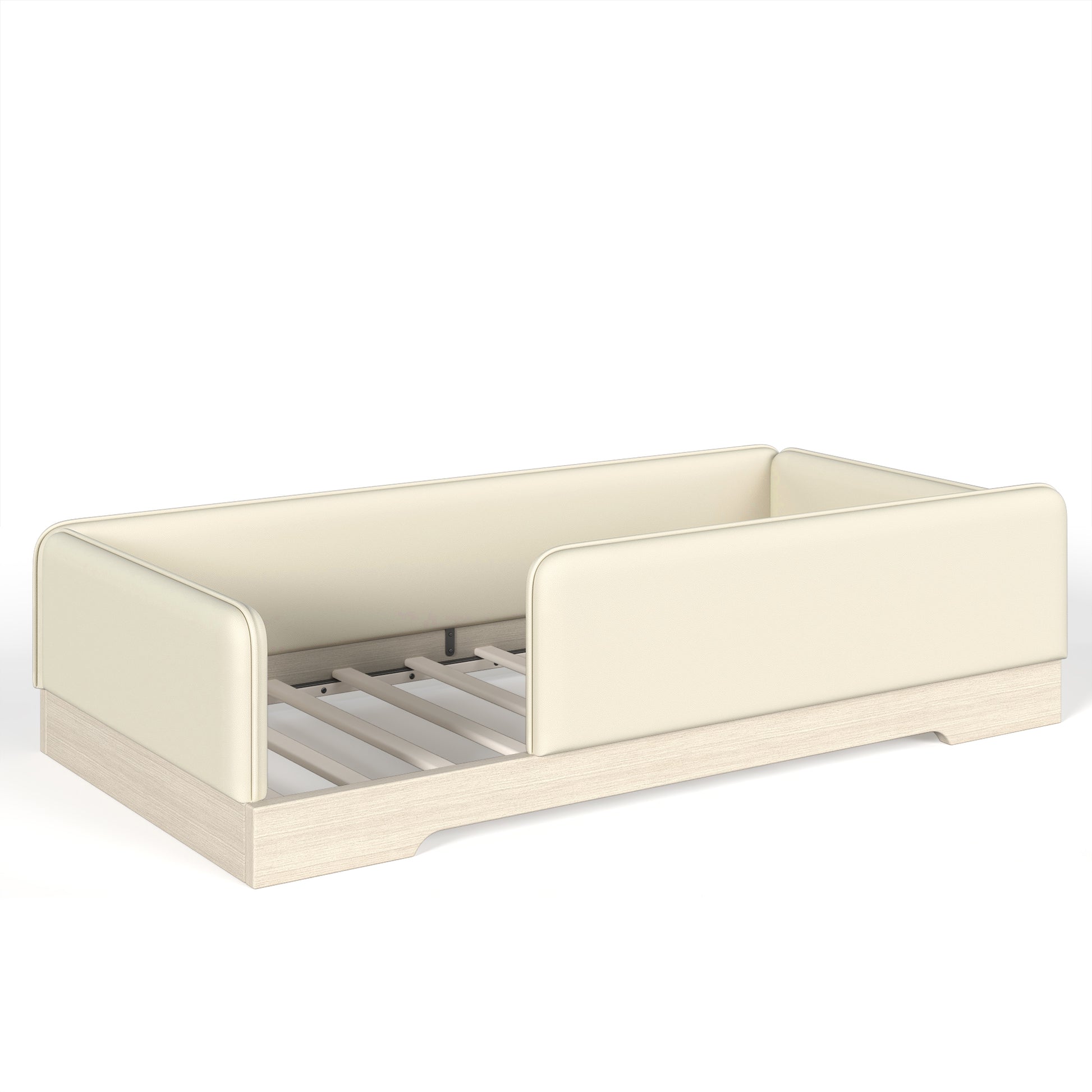 variant-group:rf-w1580p493129|Roomfitters Twin Size Upholstered Floor Bed Frame with Removable Guardrails, Faux Leather Low Profile Platform, Beige