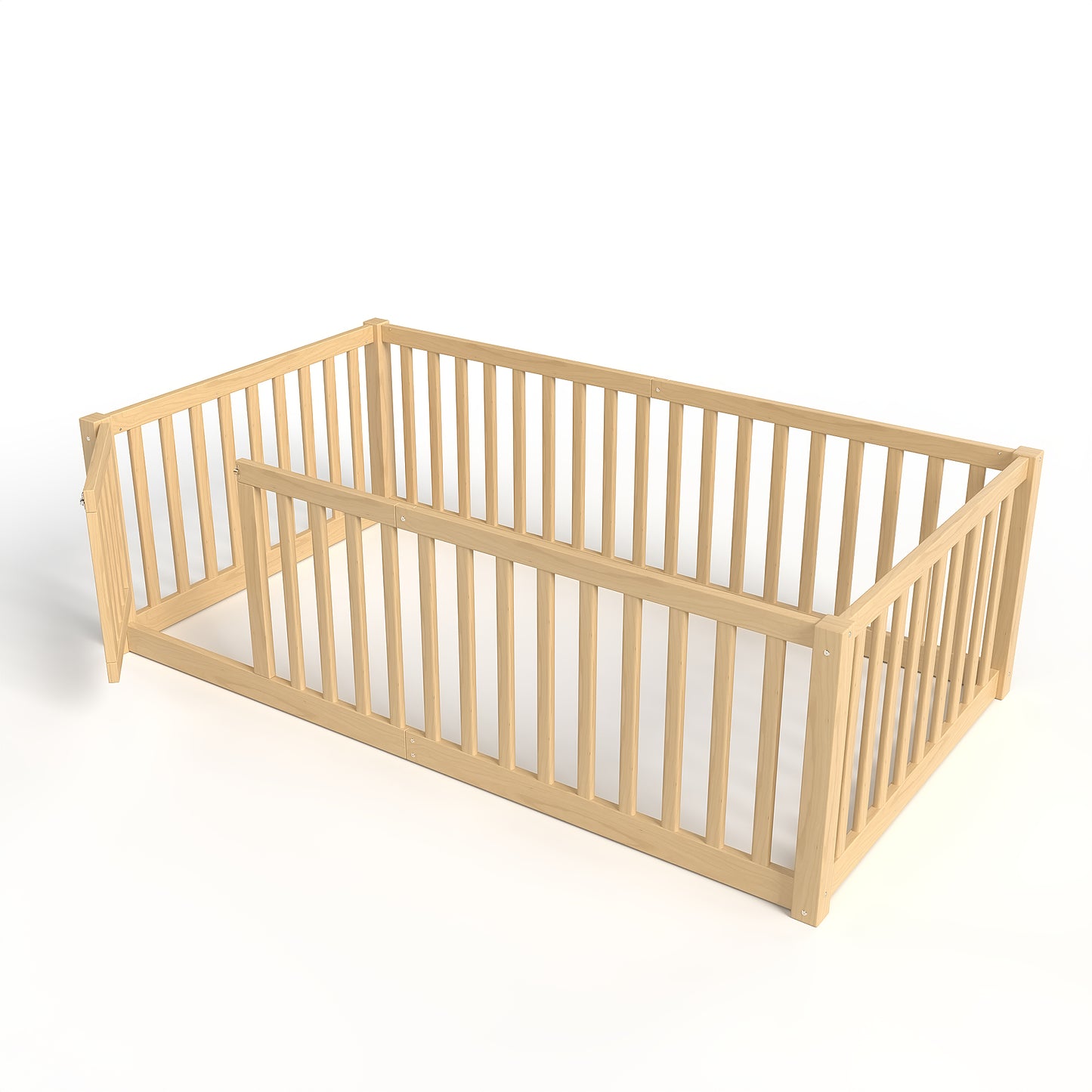 variant-group:rf-w1580p417669|Roomfitters Twin Size Wooden Floor Bed with Safety Guardrails Door, Solid Wood Low Profile Toddler Bed Frame, Natural
