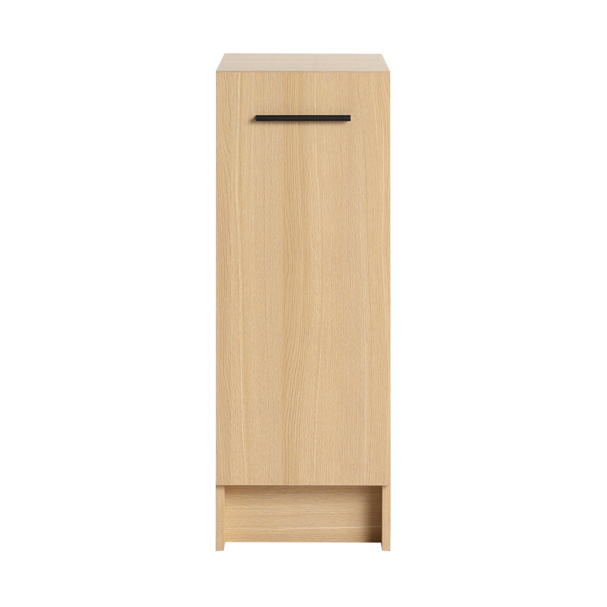 12" Slim Freestanding Bathroom Storage Cabinet, Light Oak, Single Door, Narrow Space Saver Organizer, KD, Includes Black & Brushed Aluminum Handles