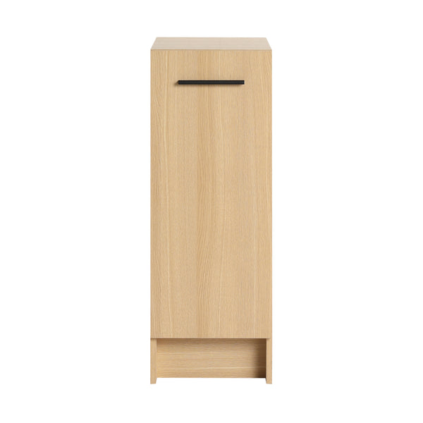12" Slim Freestanding Bathroom Storage Cabinet, Light Oak, Single Door, Narrow Space Saver Organizer, KD, Includes Black & Brushed Aluminum Handles