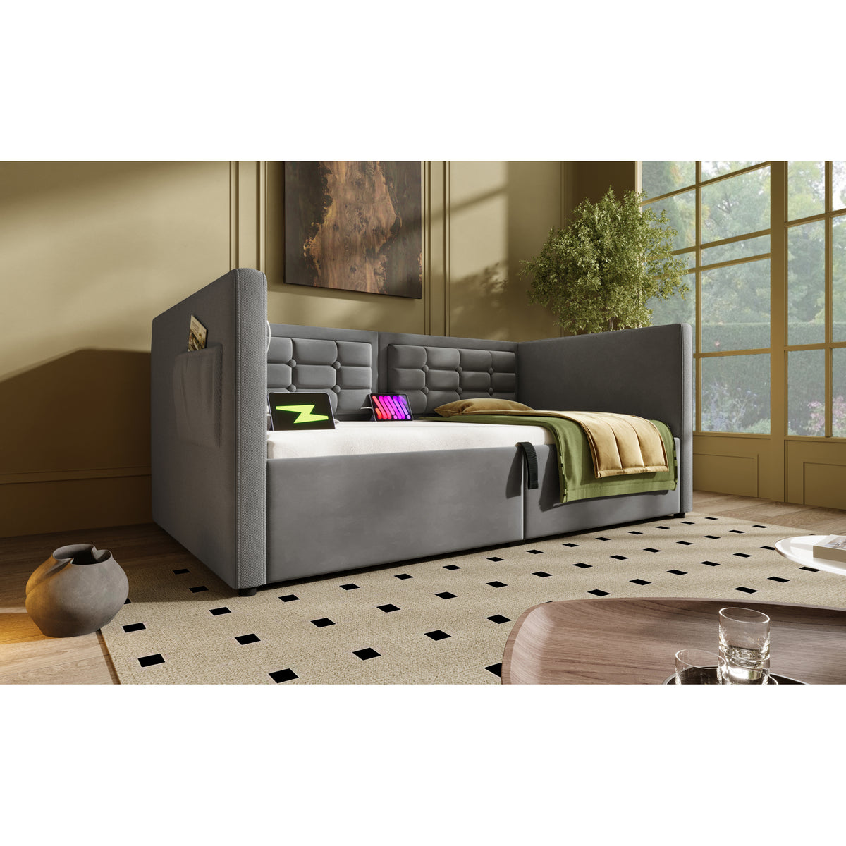 variant-group:rf-n736p303402g|Roomfitters Upholstered Twin Size Daybed with Storage, USB & Type-C Charging, Tufted Sofa Back, Velvet Gray