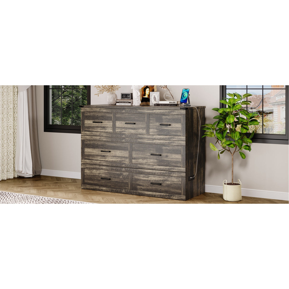 Roomfitters Queen Size Murphy Bed Cabinet with Charging Station, Foldable Platform Bed with Storage Drawer, Rustic Gray
