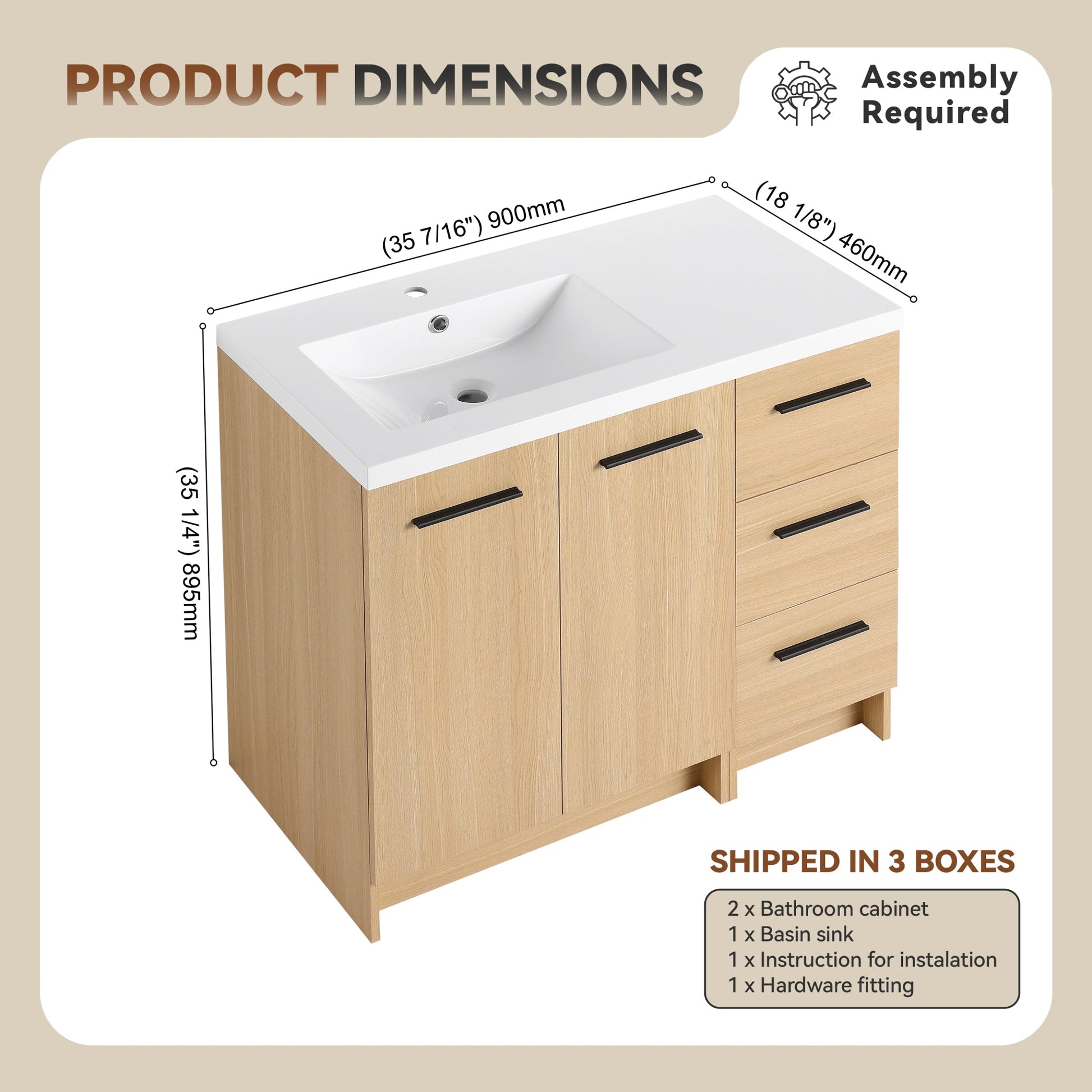 36" Modular Freestanding Bathroom Vanity with 36" Resin Sink Top, Light Oak, 2-Piece Cabinet (24" 2-Door + 12" 3-Drawer), KD Cabinet, Includes Black & Brushed Aluminum Handles Roomfitters