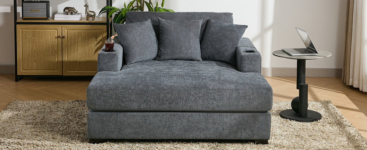 Roomfitters Oversized Chaise Lounger Sofa Couch, Upholstered Accent Chair Charge Station Cup Holders, Blue Gray