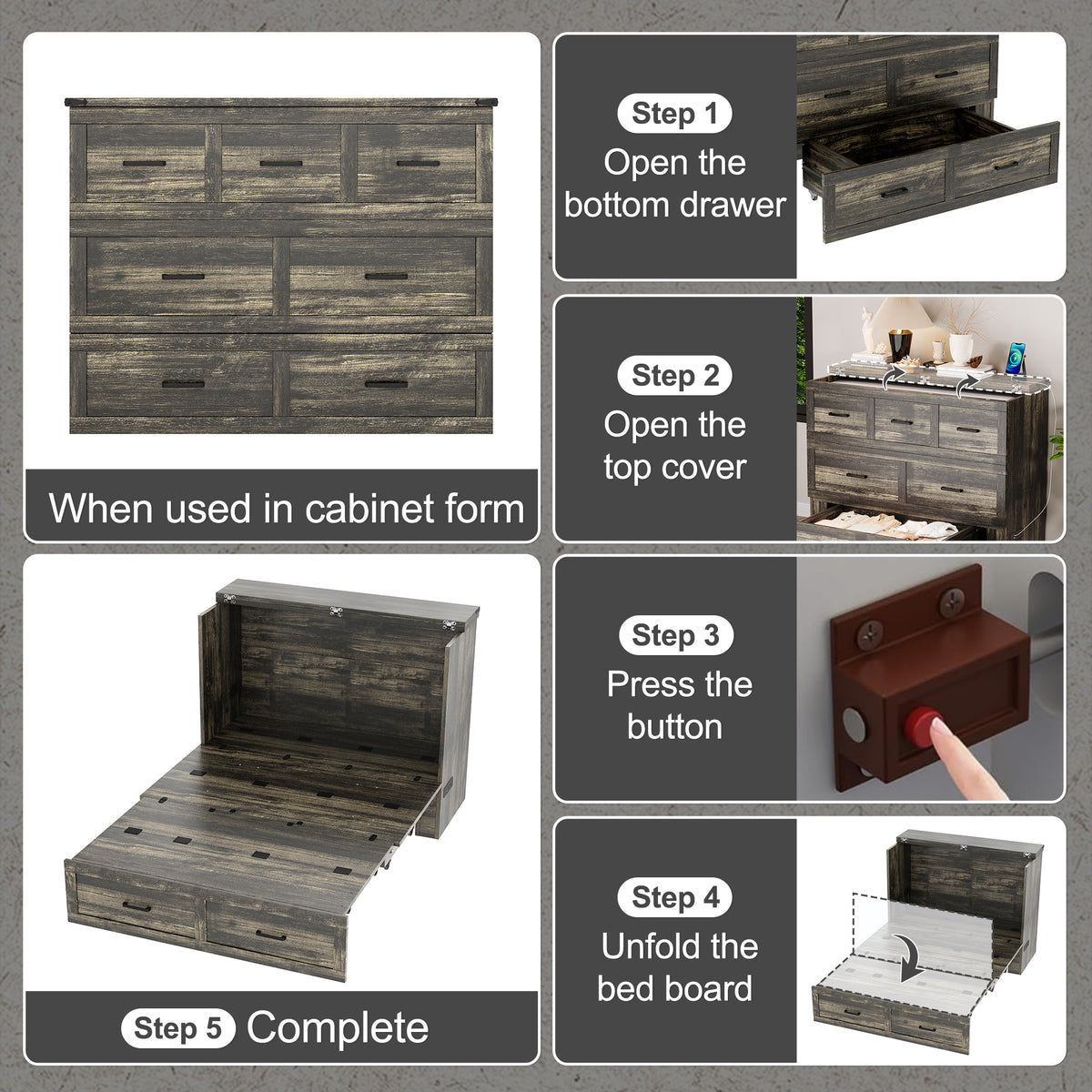 variant-group:rf-n733s293995g|Roomfitters Full Size Murphy Bed Cabinet with Charging Station, Foldable Platform Bed with Storage Drawer, Rustic Gray