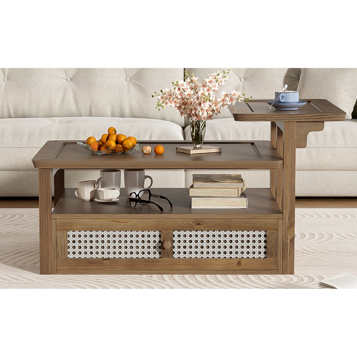 variant-group:rf-n724p232190d|Roomfitters Modern Coffee Table with Open Shelf, Dual Tabletops and Rattan Accent Storage, Walnut