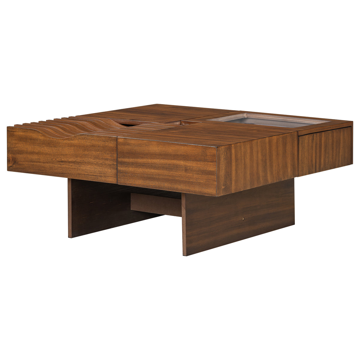 variant-group:rf-n724p270432d|Roomfitters Square Mid-Century Coffee Table with Glass Top and 3 Storage Compartments, Solid Wood Legs, Brown