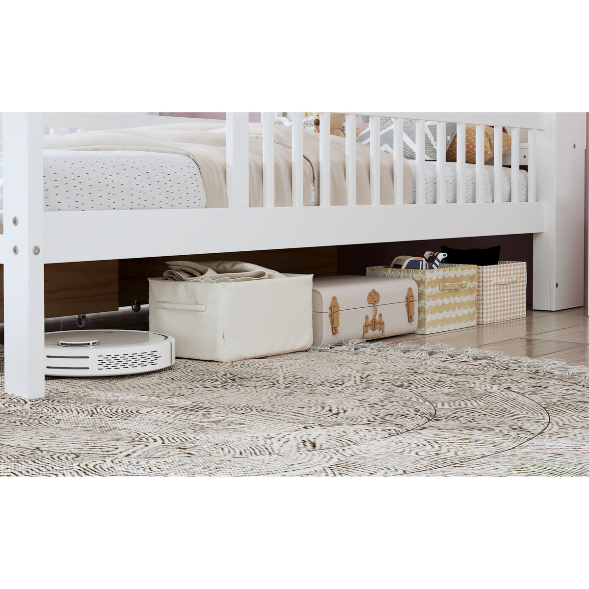 variant-group:rf-n733p272374k|Roomfitters Twin Bed with Headboard Storage Rack, Under-Bed Storage and Three-Side Guardrails, White