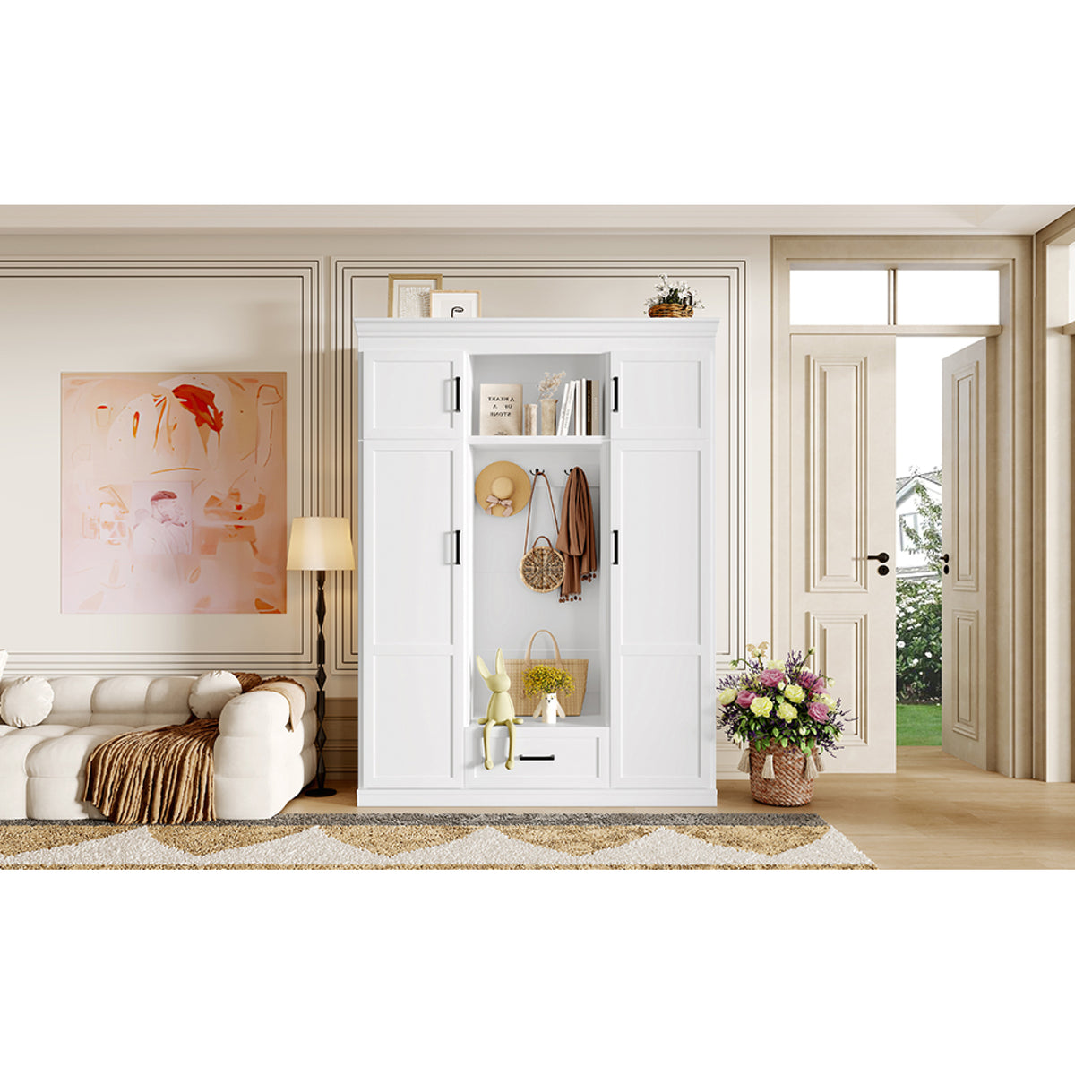 variant-group:rf-n724sj000140aak|Roomfitters 85.2" Hall Tree with Bench, 3 Hooks, 4 Doors, 1 Drawer and Adjustable Storage Shelves, White